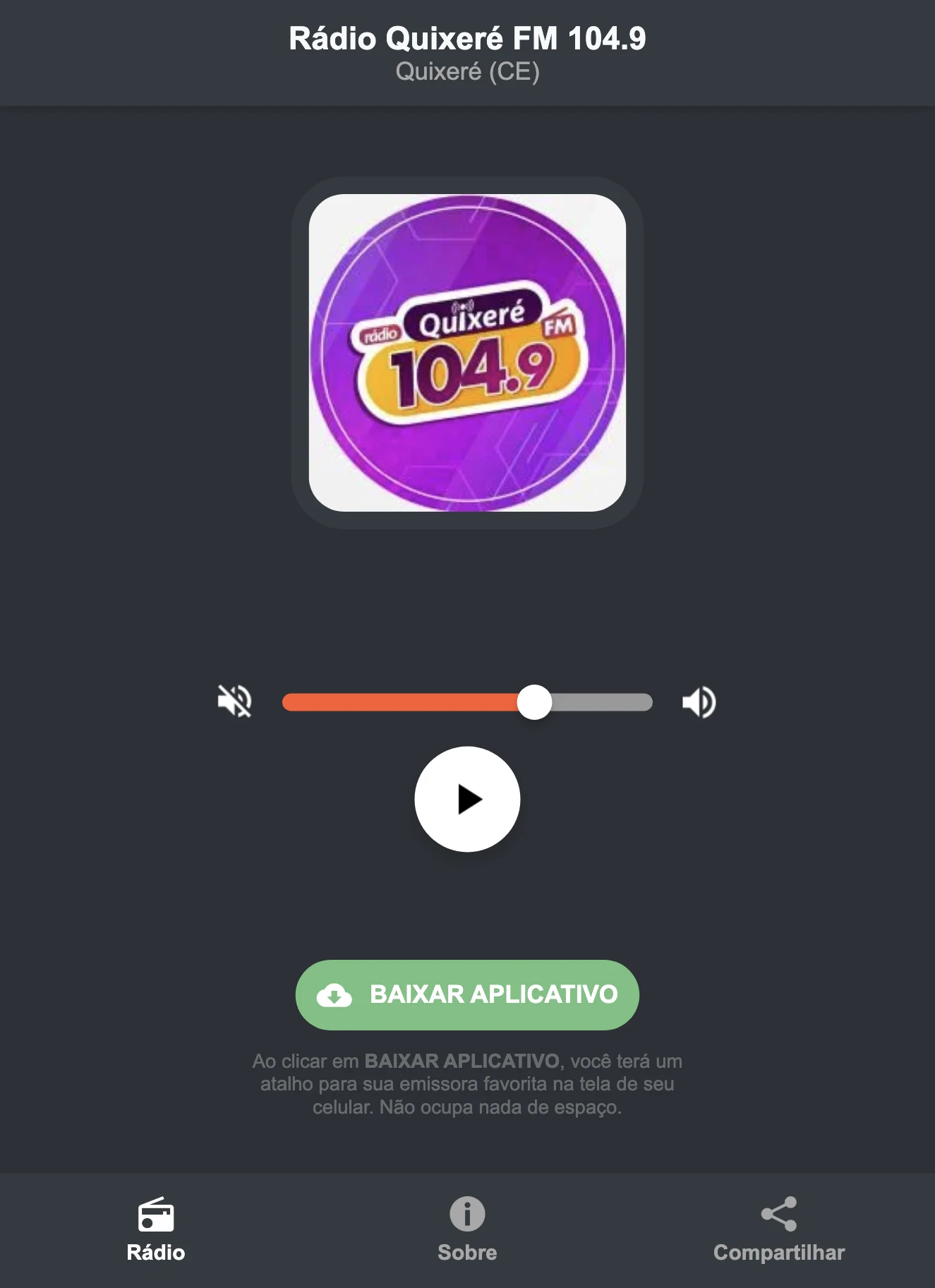 Screenshot do aplicativo da Rádio Quixeré FM 104.9