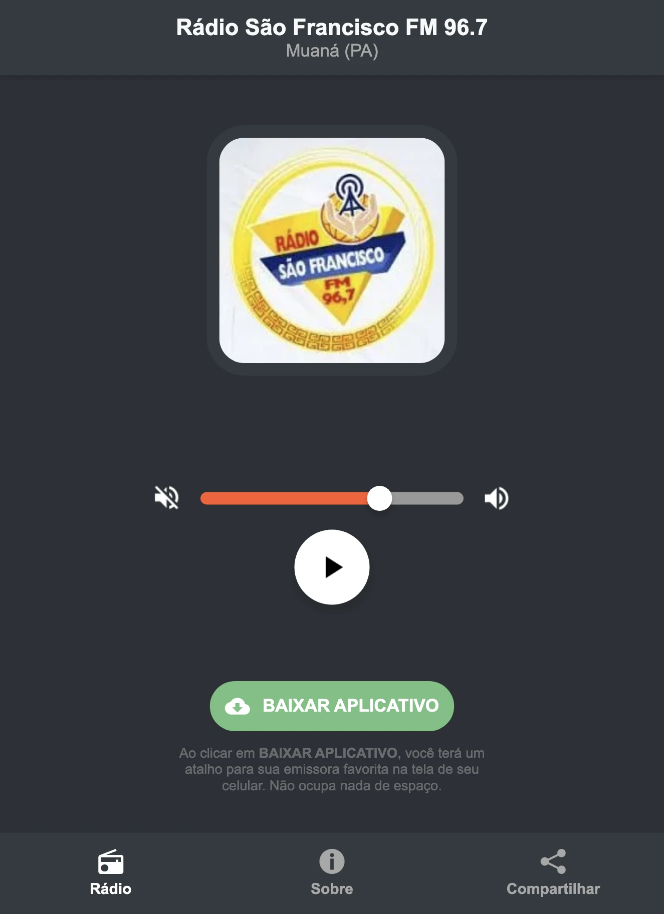 Screenshot do aplicativo da Rádio São Francisco FM 96.7
