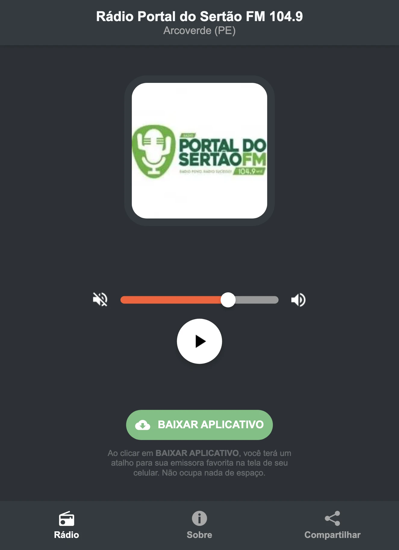 Screenshot do aplicativo da Rádio Portal do Sertão FM 104.9