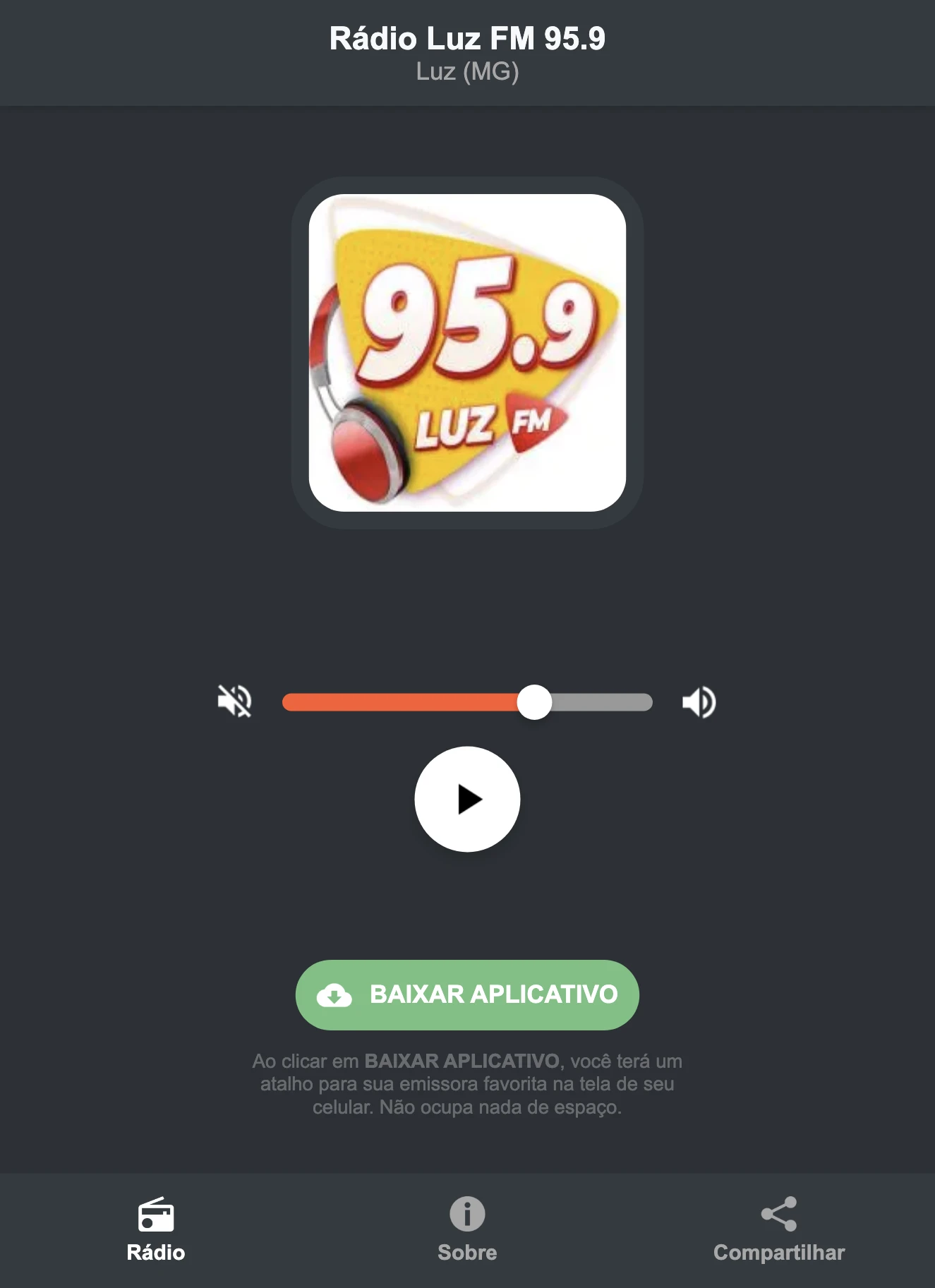 Screenshot do aplicativo da Rádio Luz FM 95.9