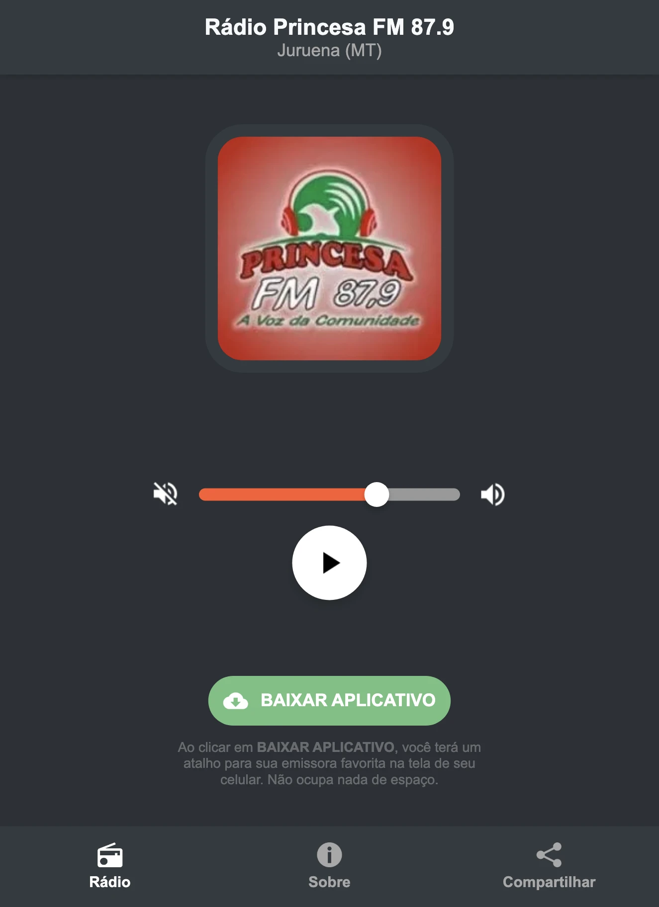 Screenshot do aplicativo da Rádio Princesa FM 87.9
