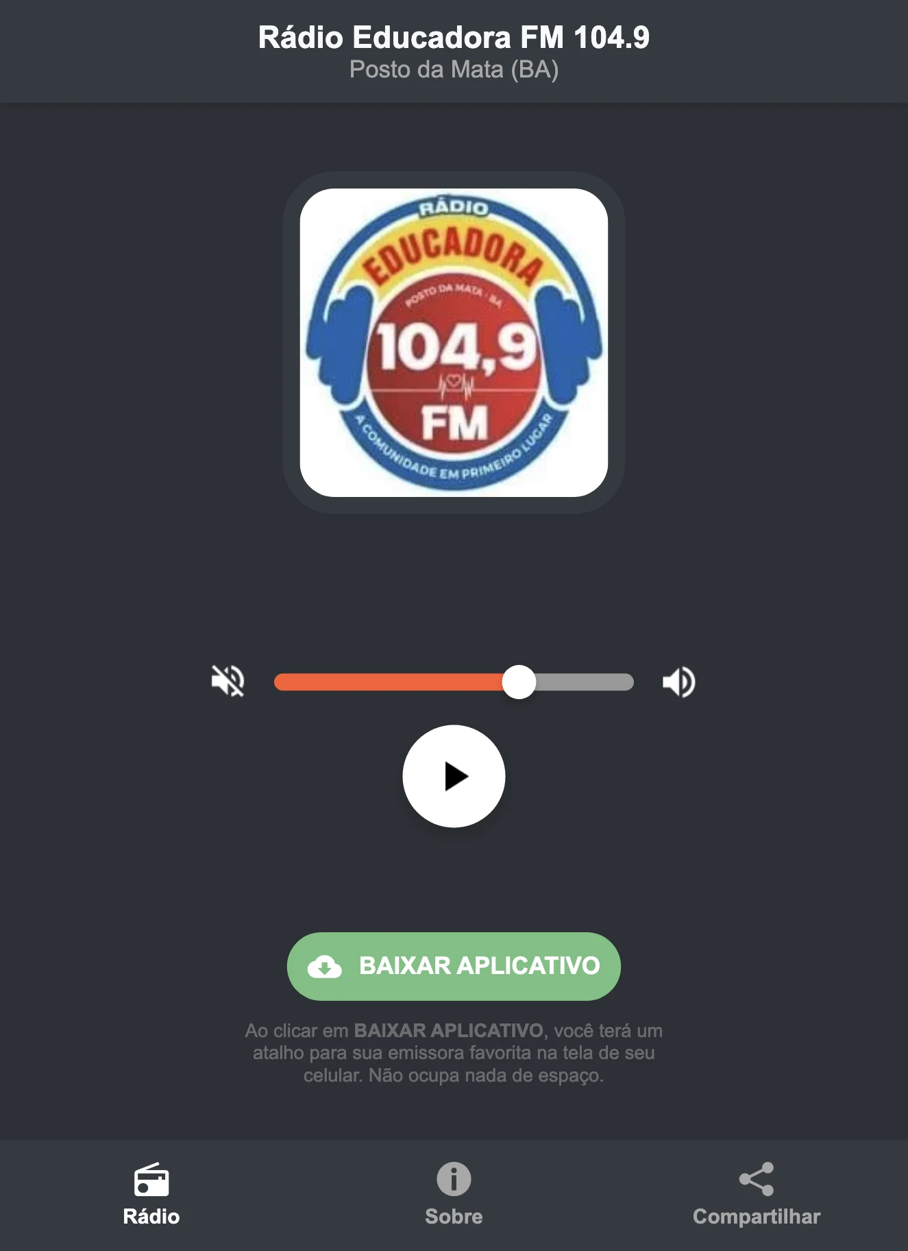 Screenshot do aplicativo da Rádio Educadora FM 104.9
