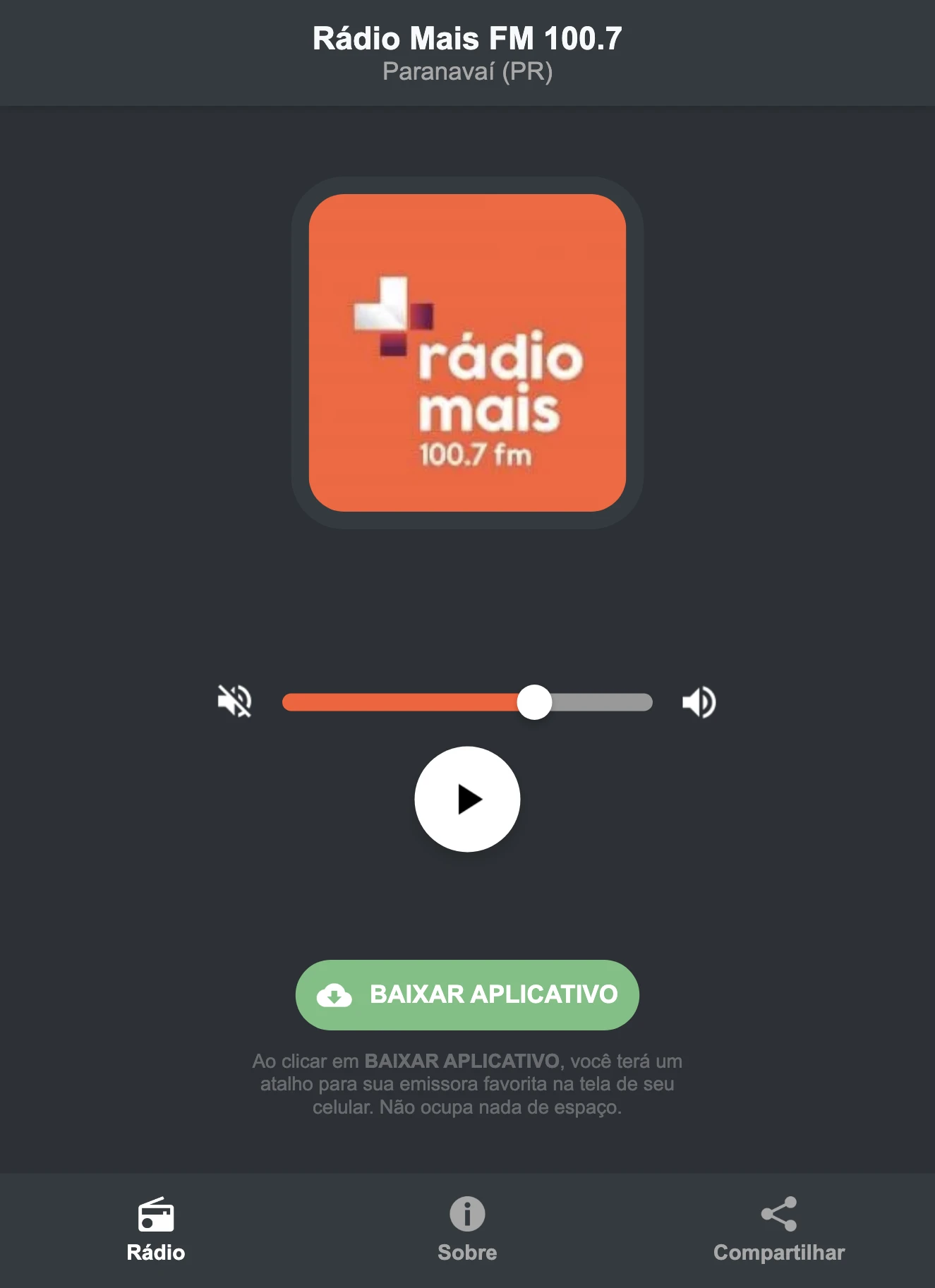 Screenshot do aplicativo da Rádio Mais FM 100.7