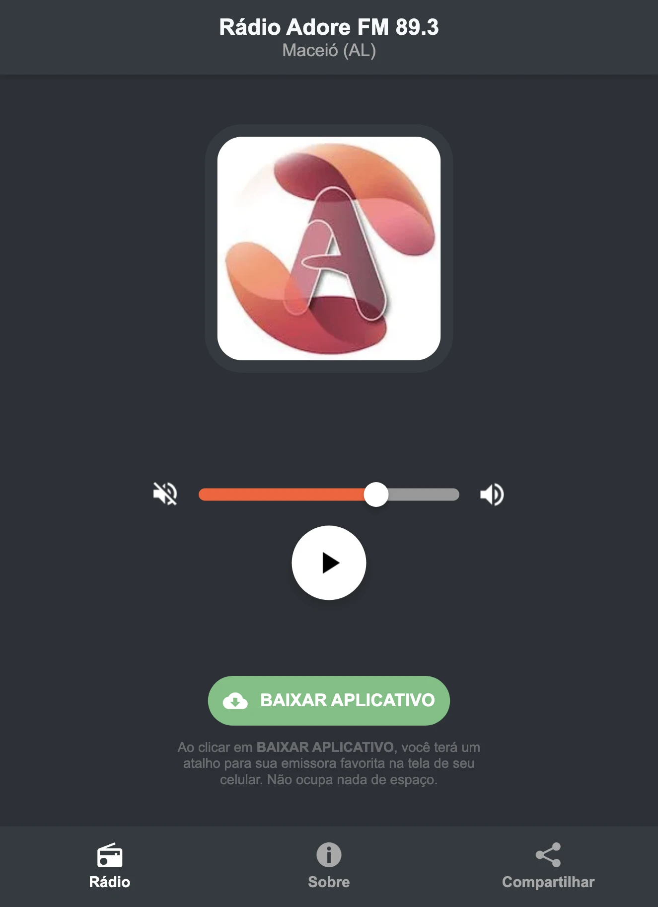 Screenshot do aplicativo da Rádio Adore FM 89.3