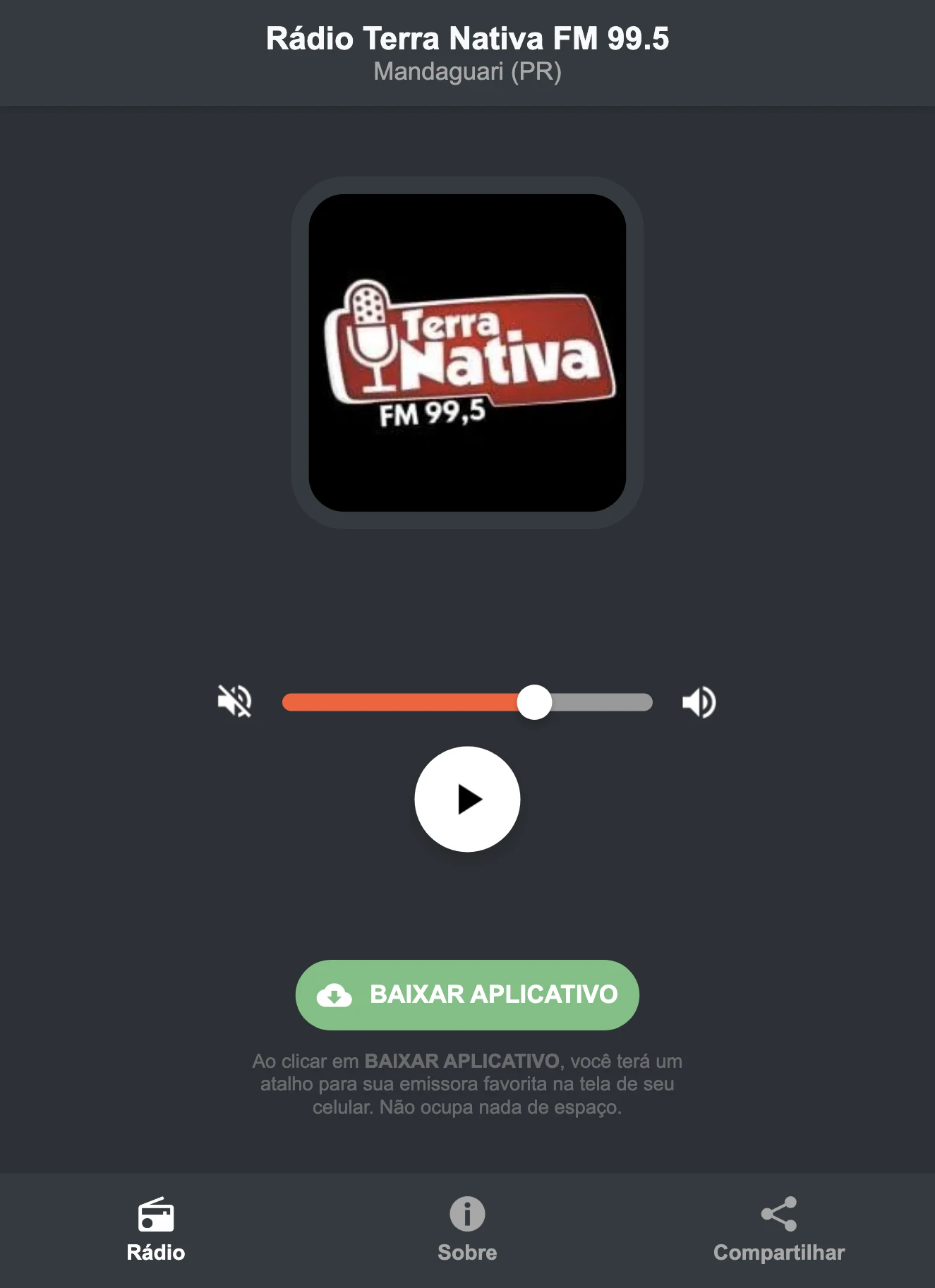Screenshot do aplicativo da Rádio Terra Nativa FM 99.5