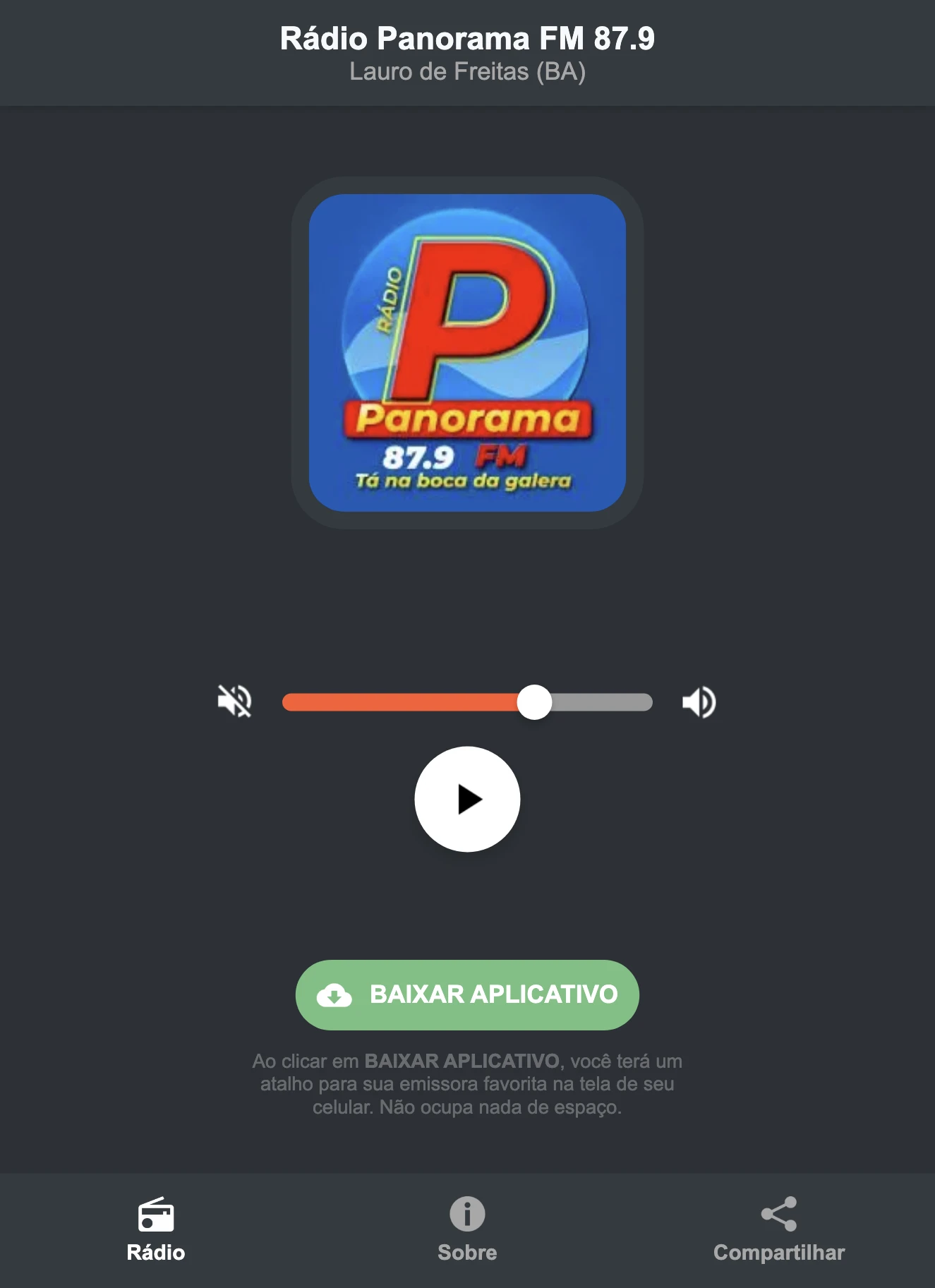 Screenshot do aplicativo da Rádio Panorama FM 87.9