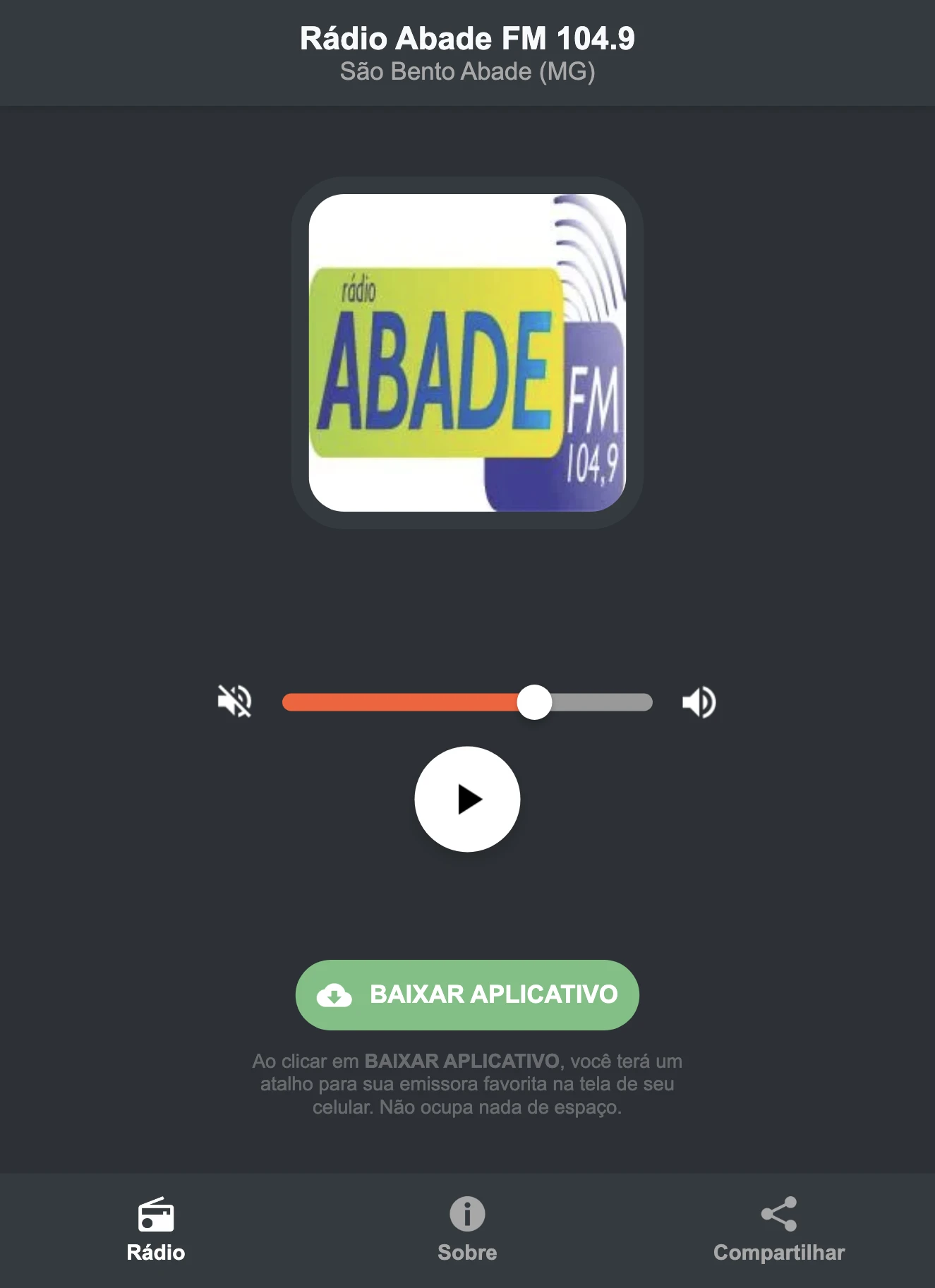 Screenshot do aplicativo da Rádio Abade FM 104.9