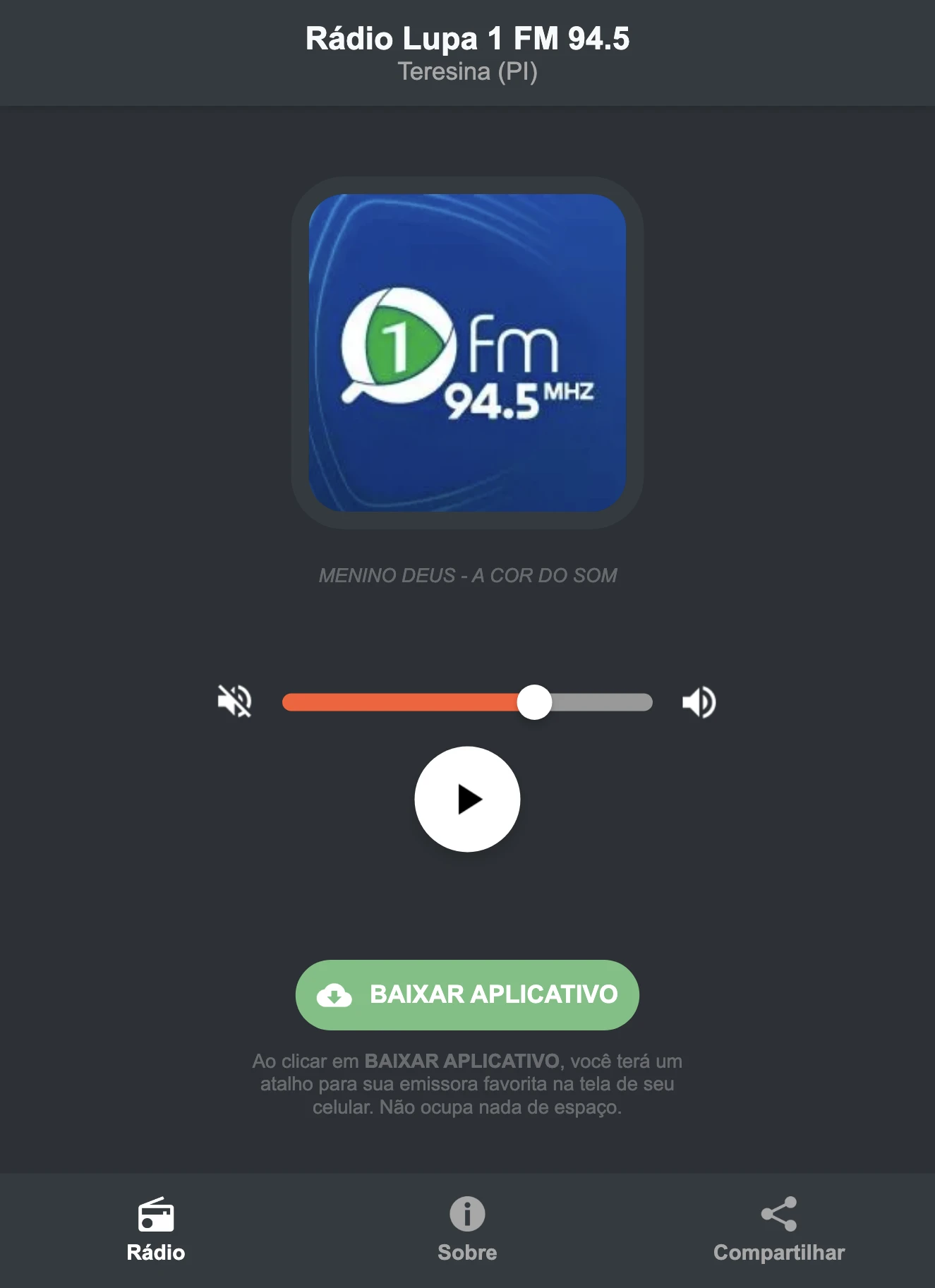 Screenshot do aplicativo da Rádio Lupa 1 FM 94.5
