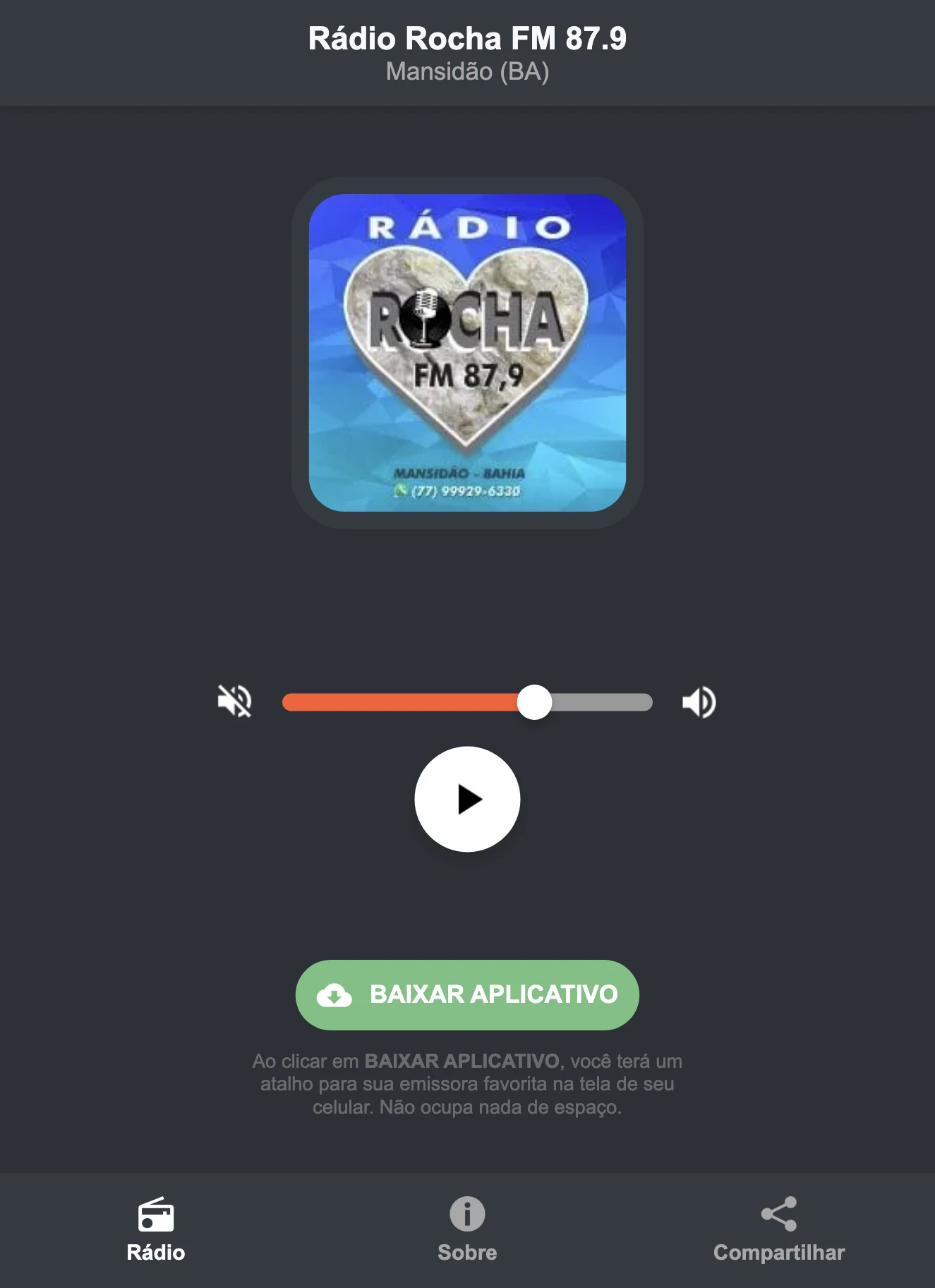 Screenshot do aplicativo da Rádio Rocha FM 87.9
