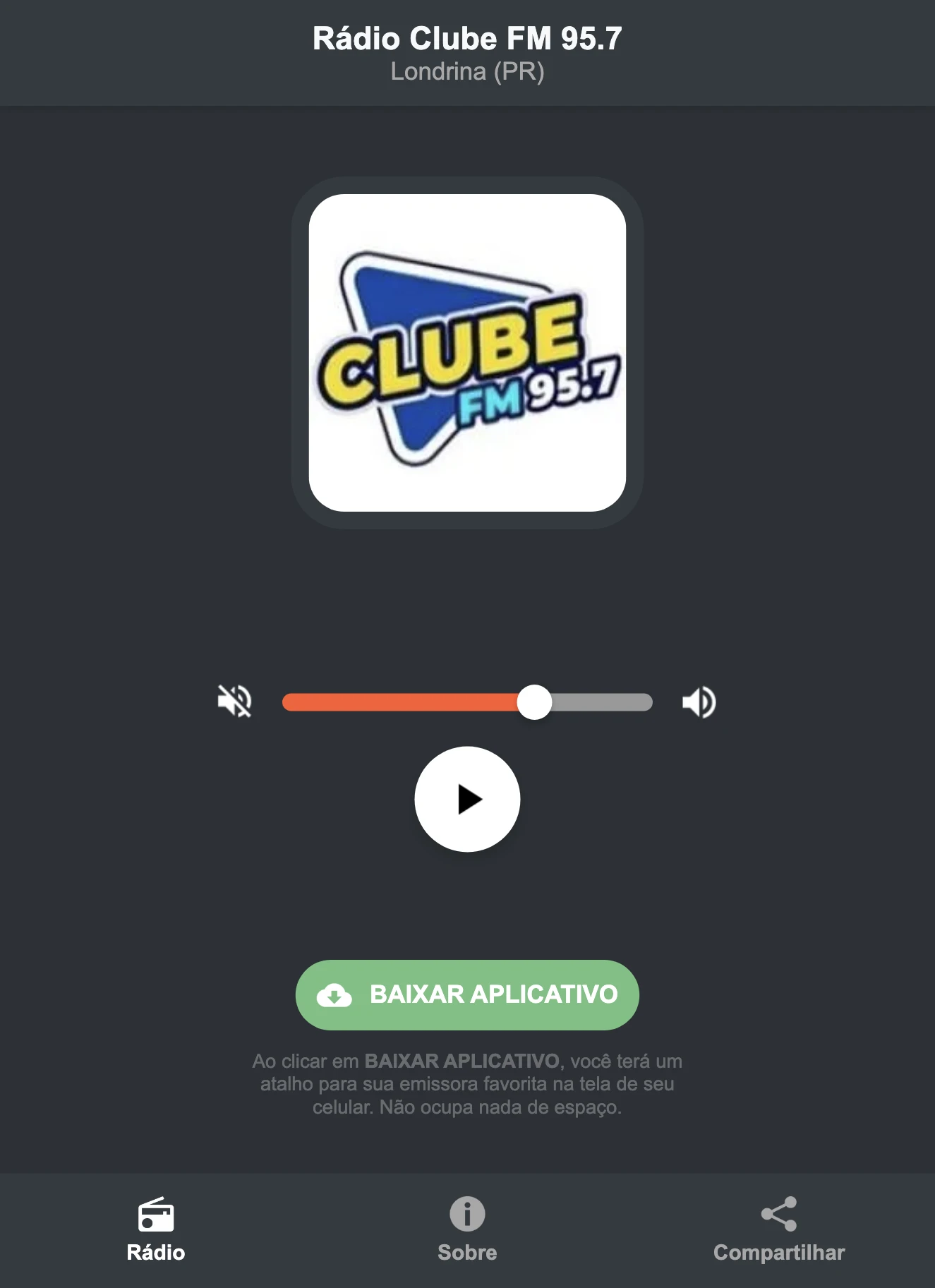 Screenshot do aplicativo da Rádio Clube FM 95.7
