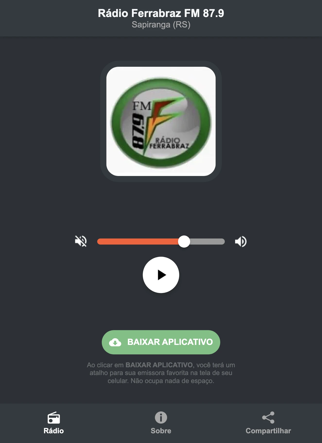 Screenshot do aplicativo da Rádio Ferrabraz FM 87.9