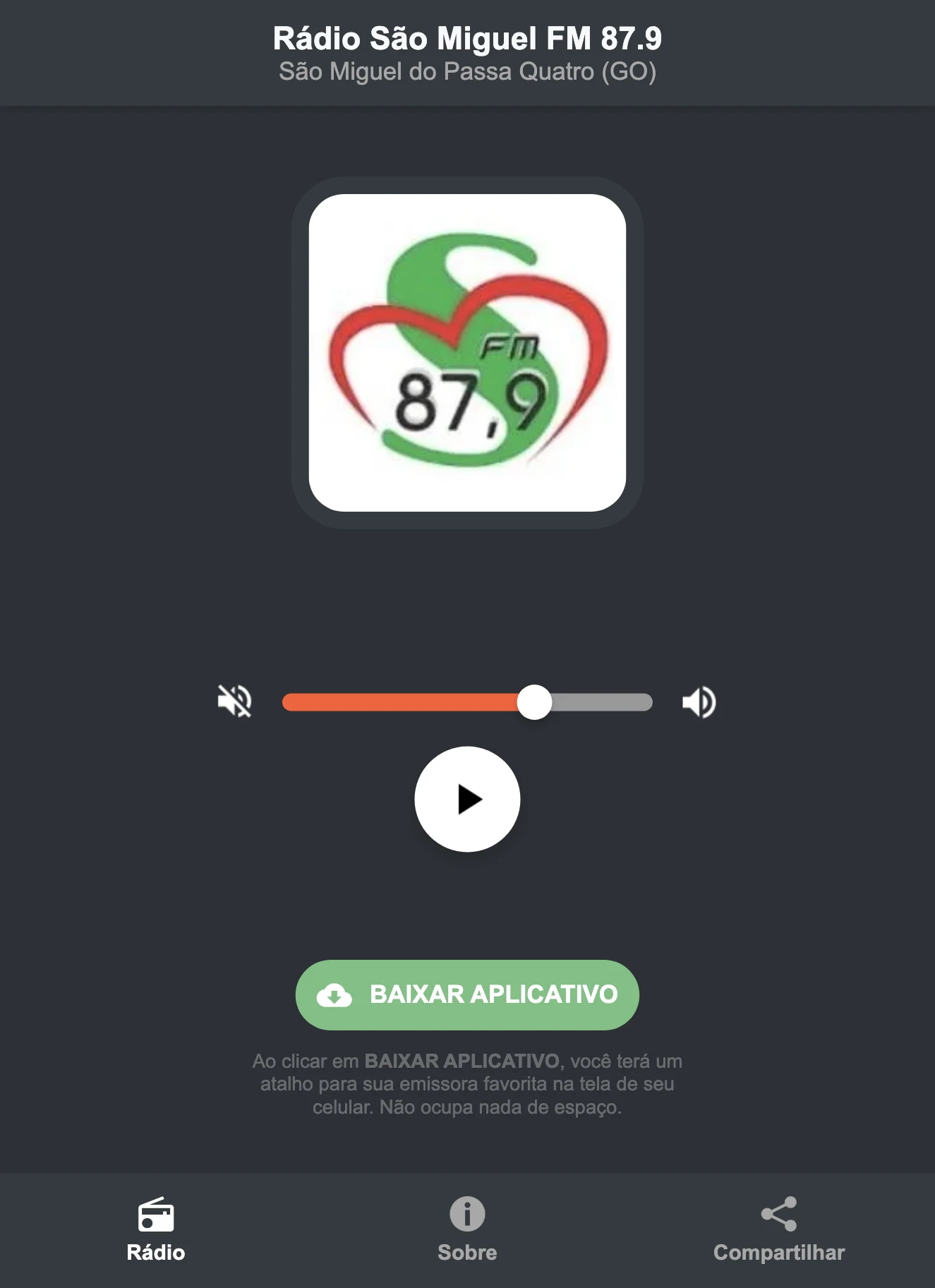 Screenshot do aplicativo da Rádio São Miguel FM 87.9