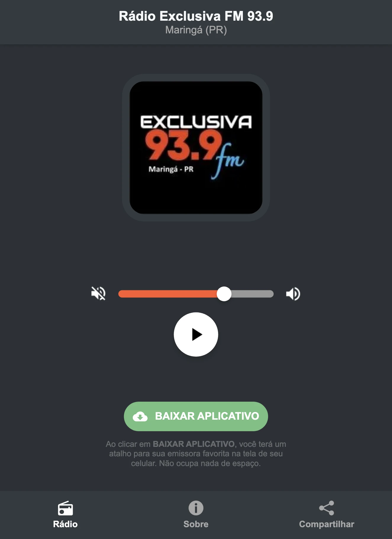 Screenshot do aplicativo da Rádio Exclusiva FM 93.9