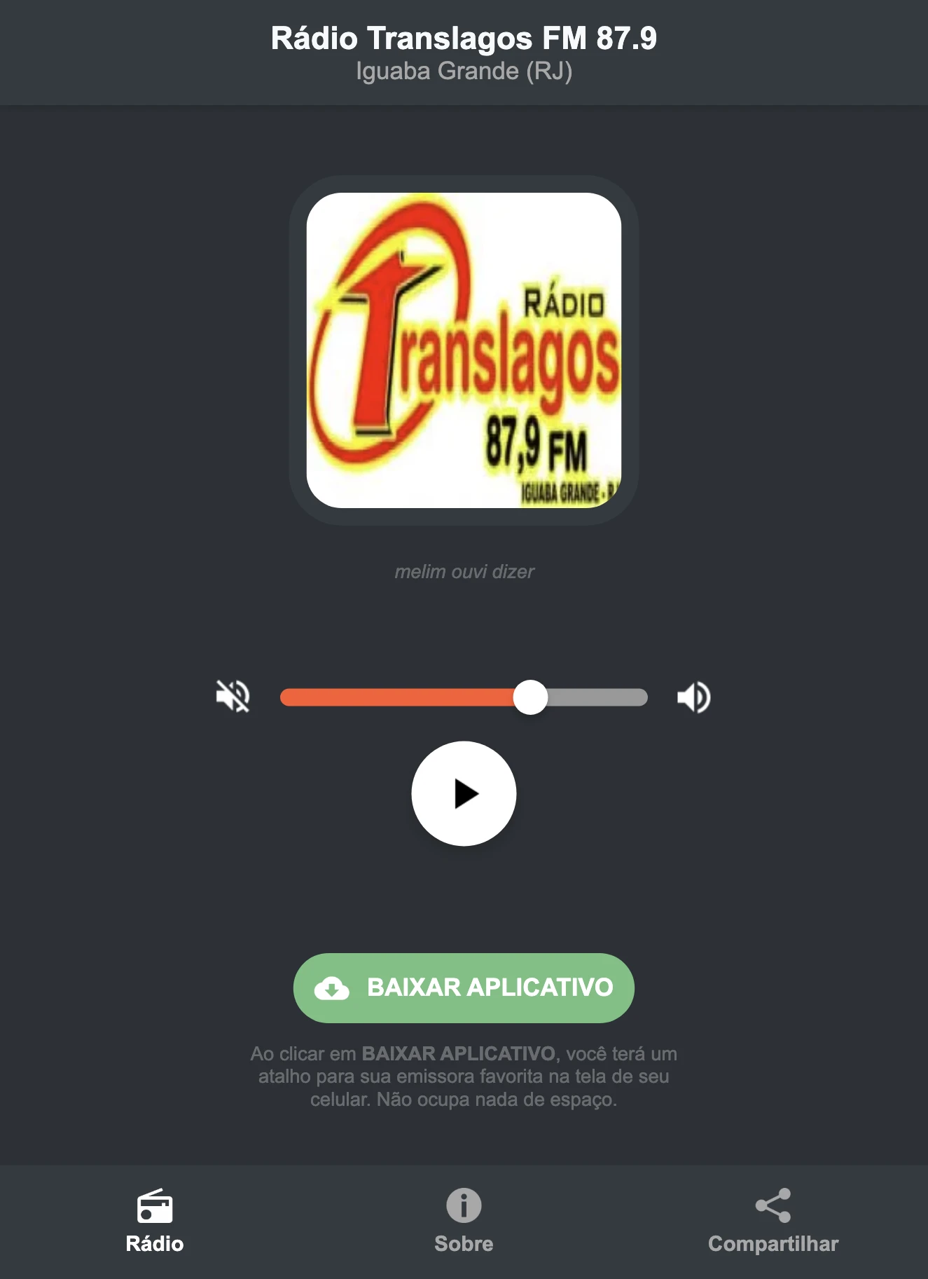 Screenshot do aplicativo da Rádio Translagos FM 87.9