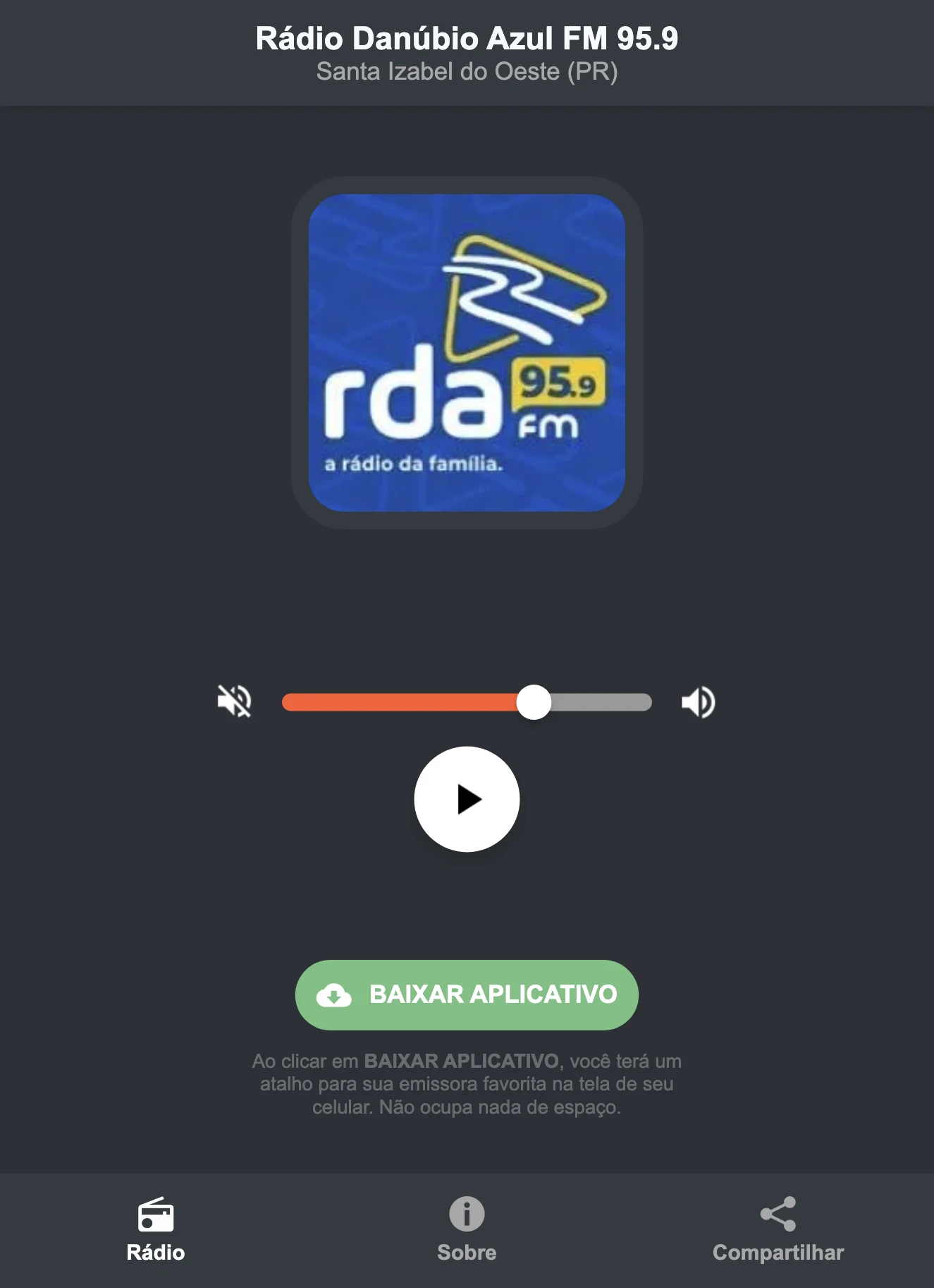 Screenshot do aplicativo da Rádio Danúbio Azul FM 95.9