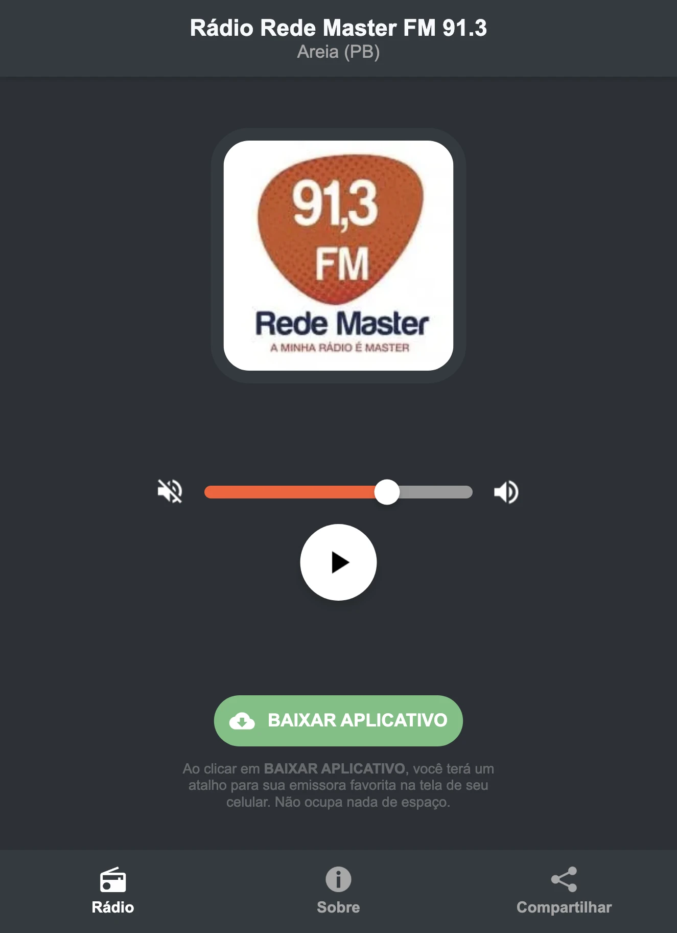 Screenshot do aplicativo da Rádio Rede Master FM 91.3