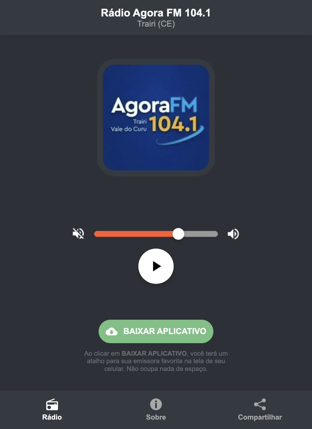 Screenshot do aplicativo da Rádio Agora FM 104.1