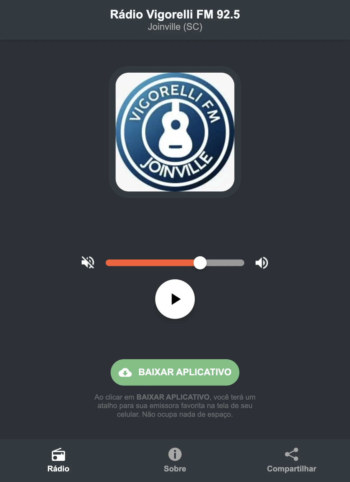 Screenshot do aplicativo da Rádio Vigorelli FM 92.5