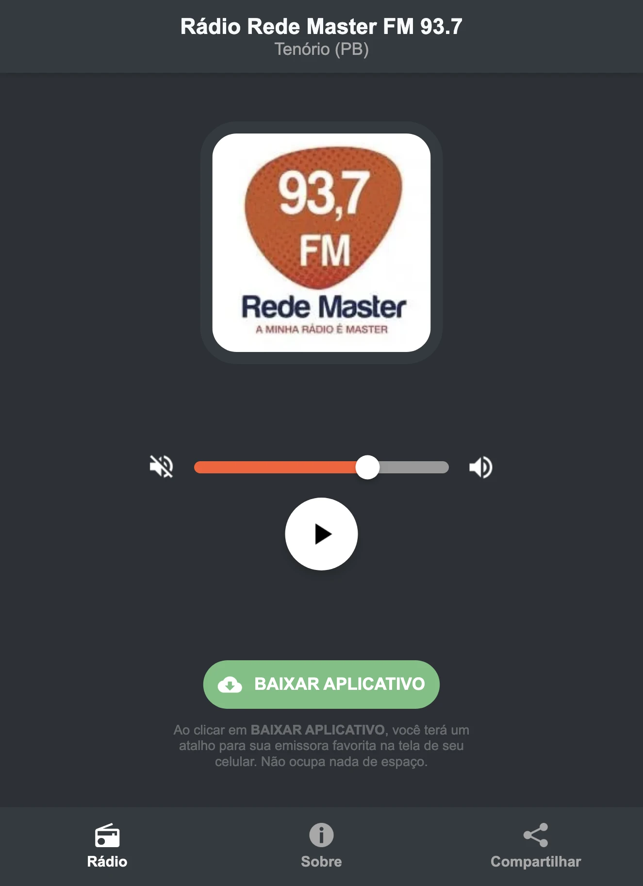 Screenshot do aplicativo da Rádio Rede Master FM 93.7