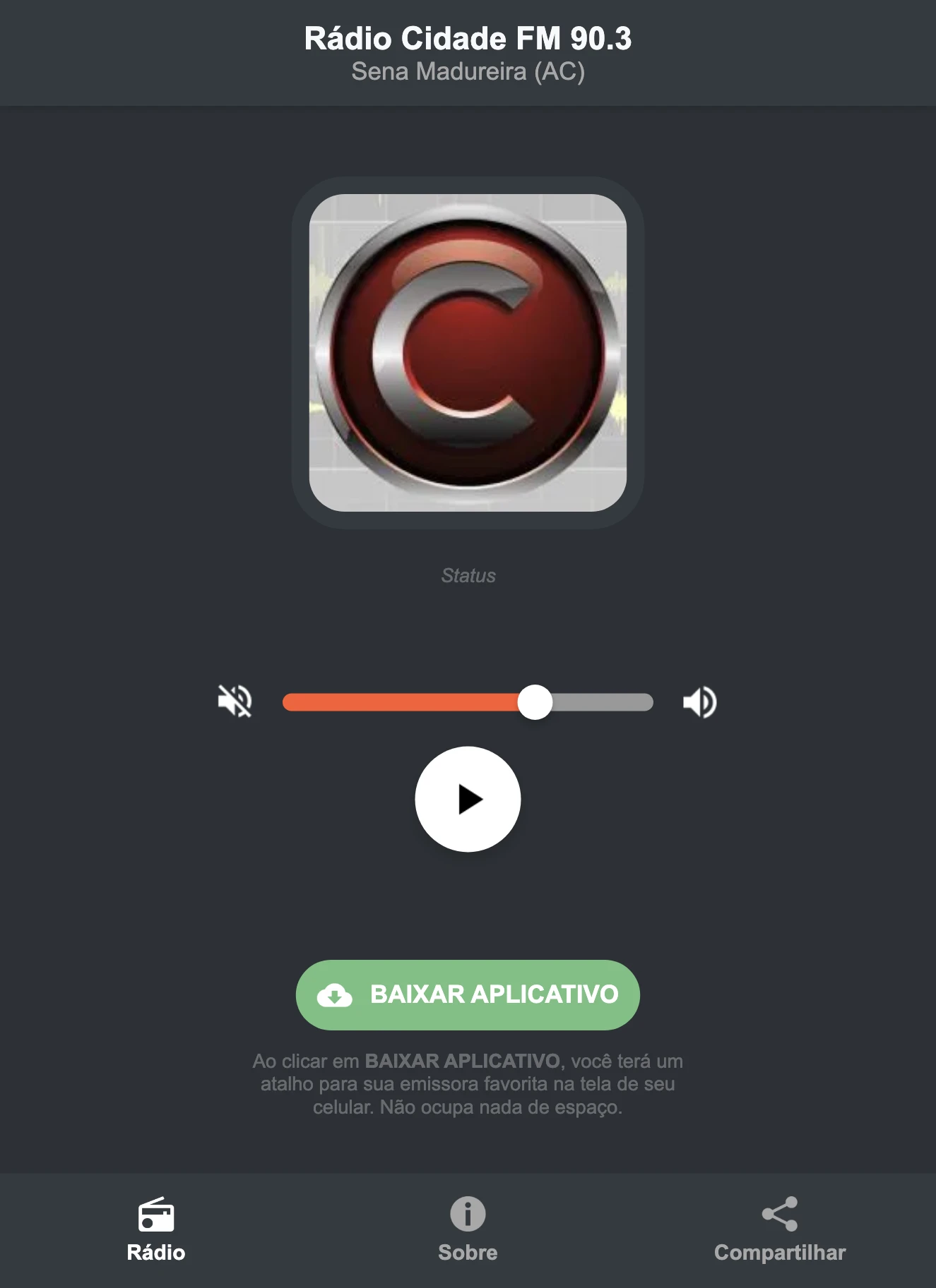 Screenshot do aplicativo da Rádio Cidade FM 90.3