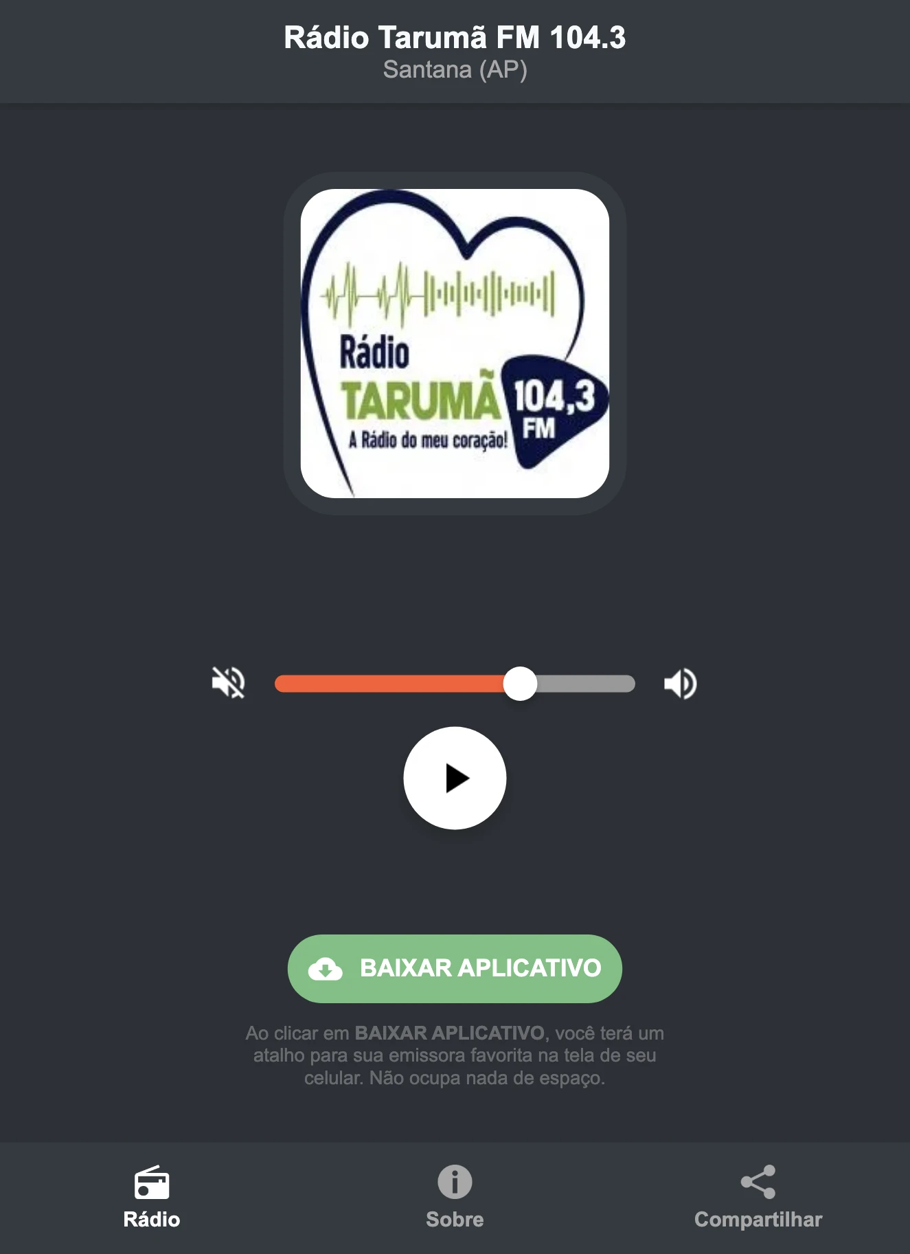 Screenshot do aplicativo da Rádio Tarumã FM 104.3