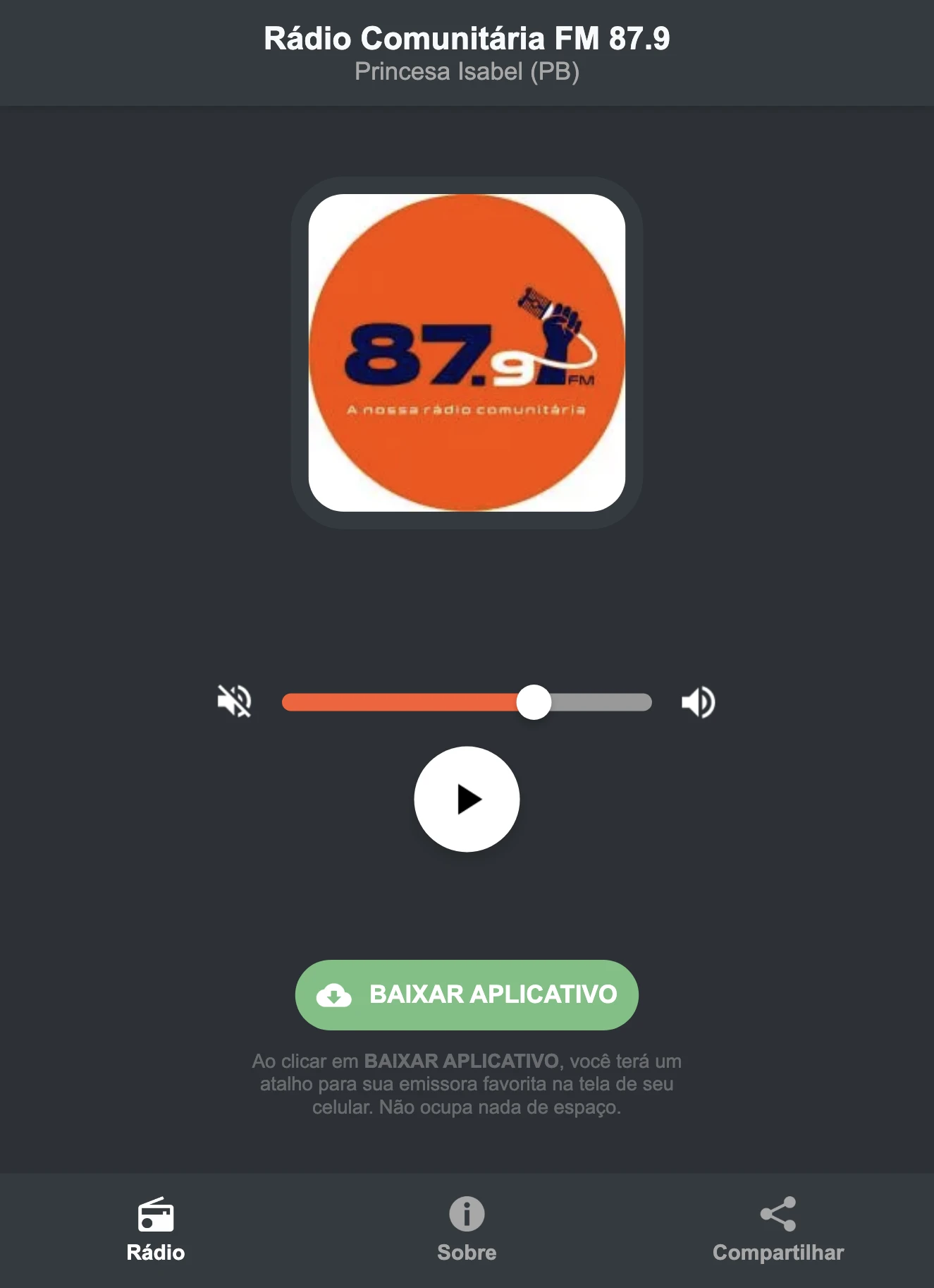 Screenshot do aplicativo da Rádio Comunitária FM 87.9