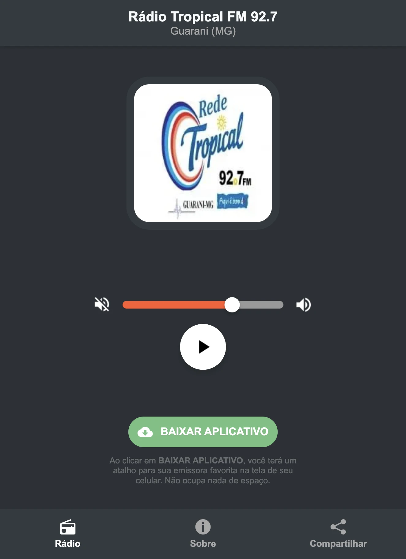 Screenshot do aplicativo da Rádio Tropical FM 92.7