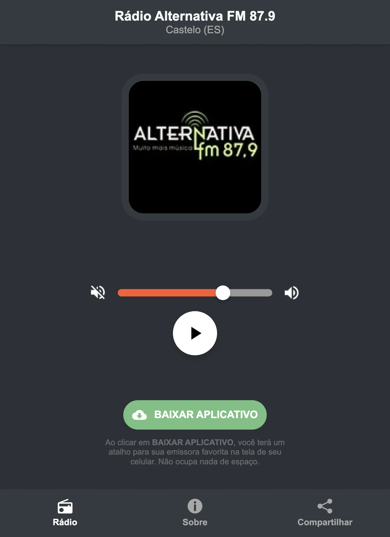 Screenshot do aplicativo da Rádio Alternativa FM 87.9