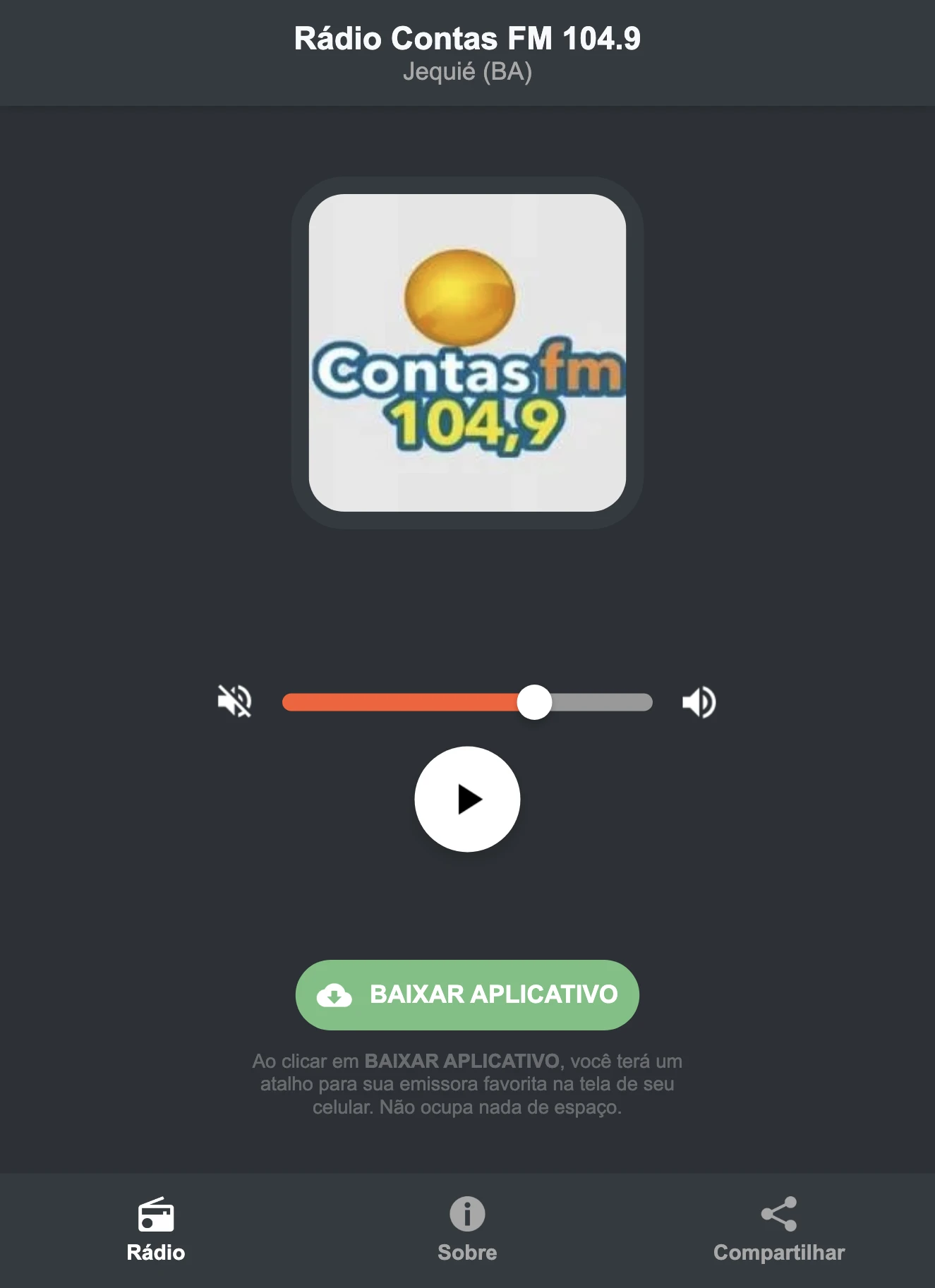 Screenshot do aplicativo da Rádio Contas FM 104.9