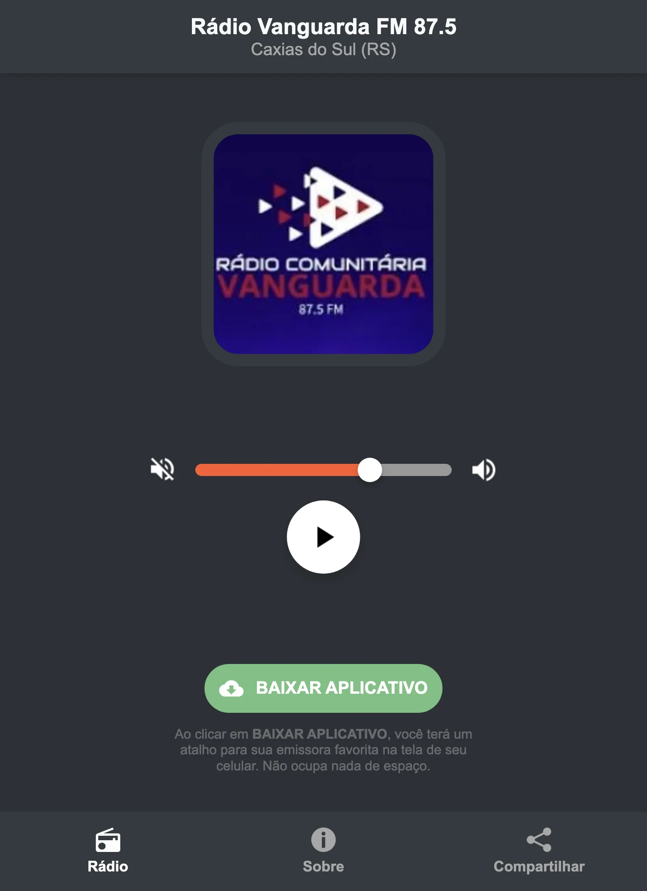 Screenshot do aplicativo da Rádio Vanguarda FM 87.5