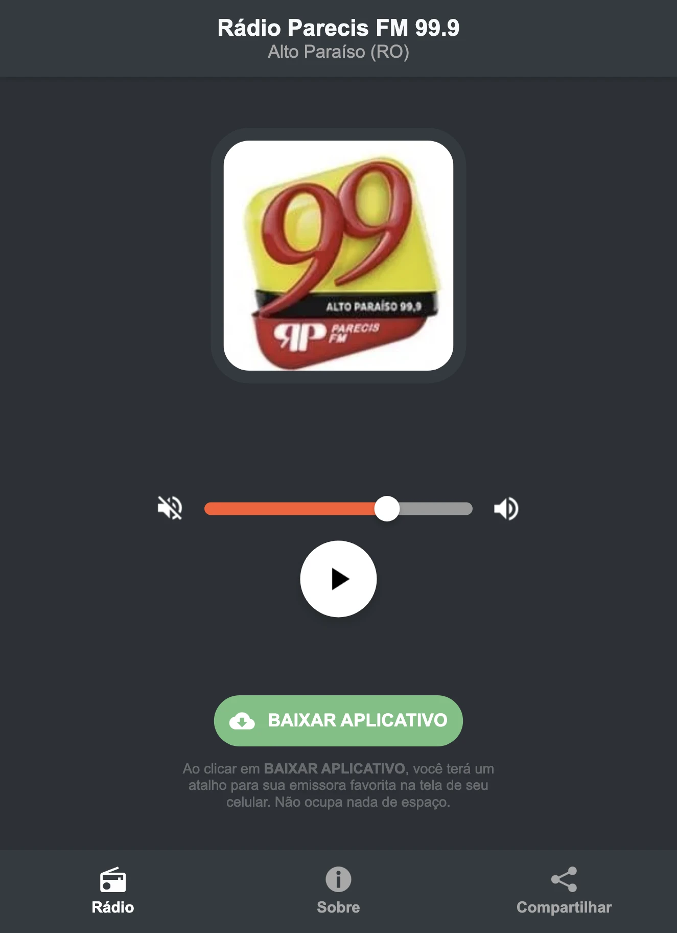 Screenshot do aplicativo da Rádio Parecis FM 99.9