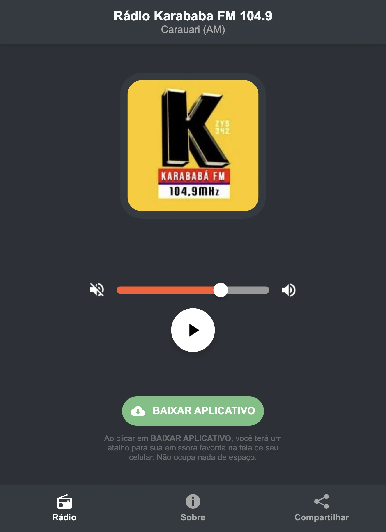 Screenshot do aplicativo da Rádio Karababa FM 104.9