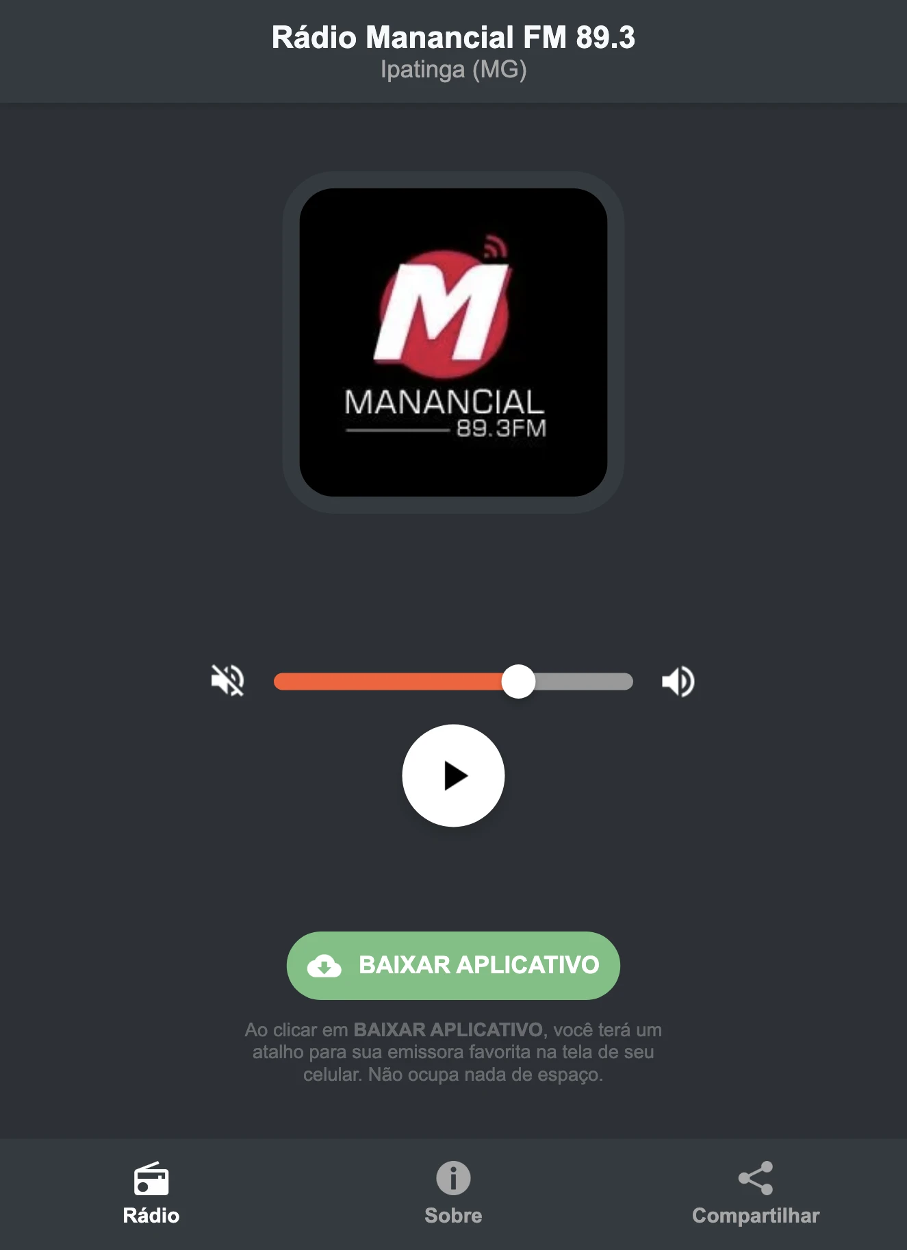Screenshot do aplicativo da Rádio Manancial FM 89.3