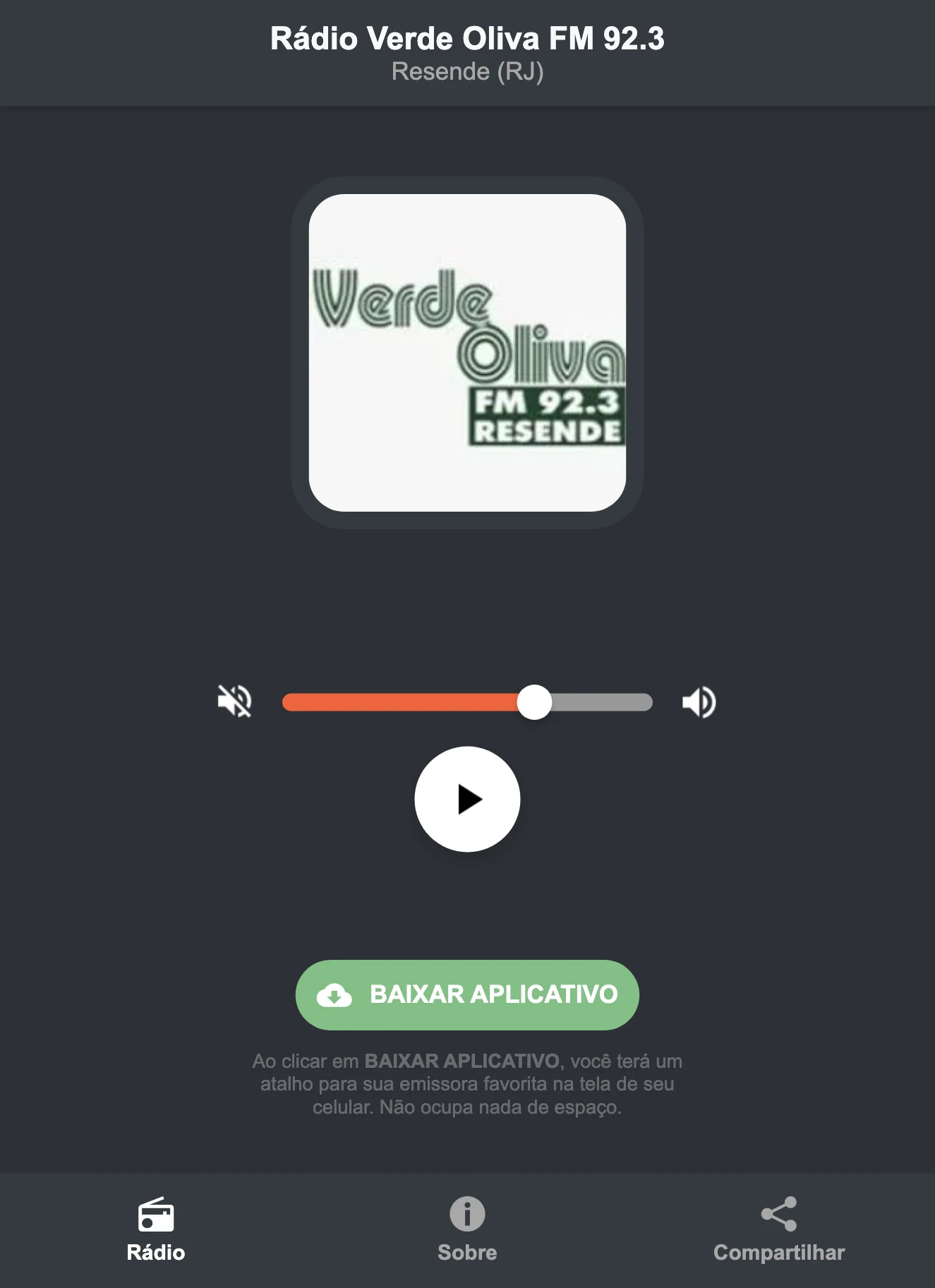 Screenshot do aplicativo da Rádio Verde Oliva FM 92.3