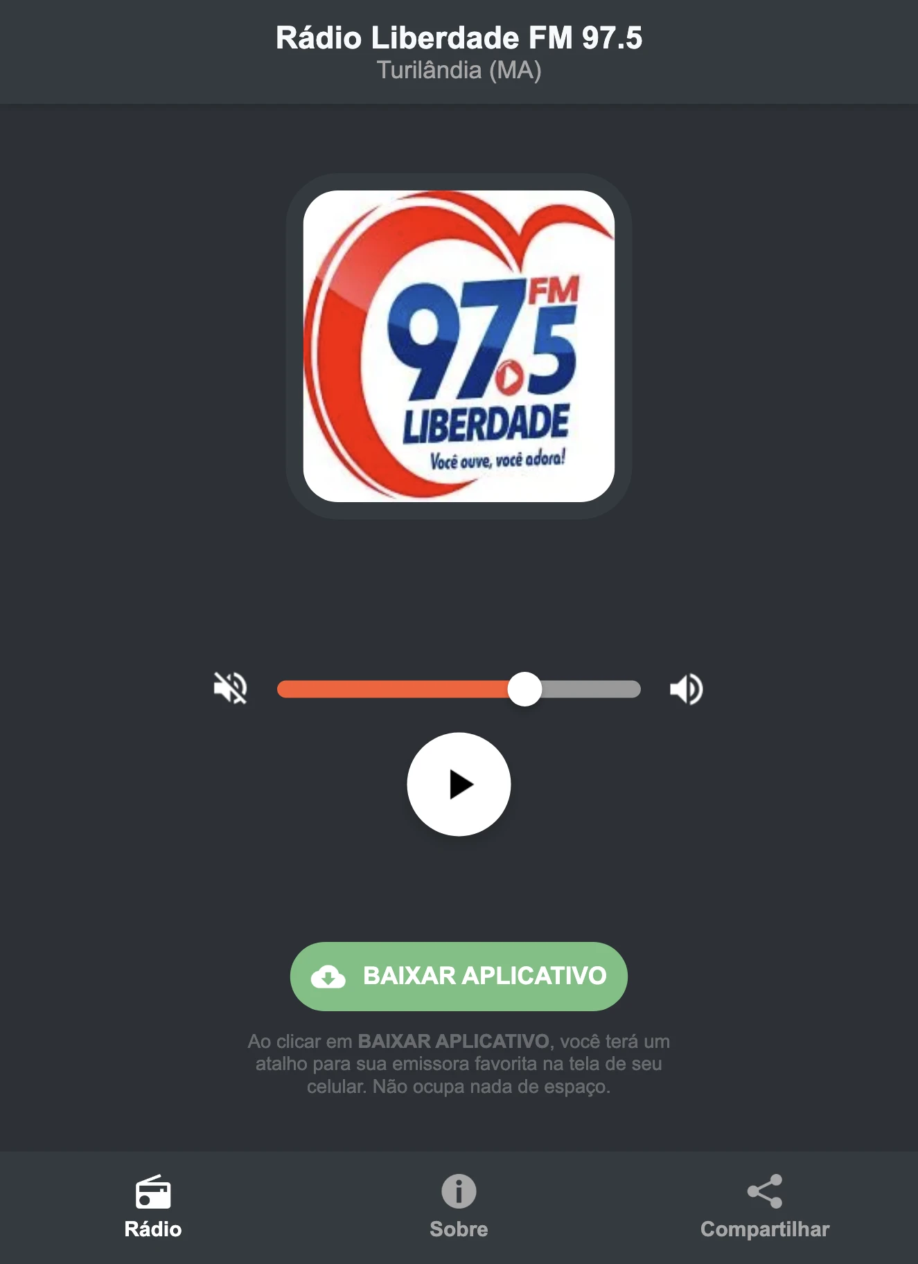 Screenshot do aplicativo da Rádio Liberdade FM 97.5