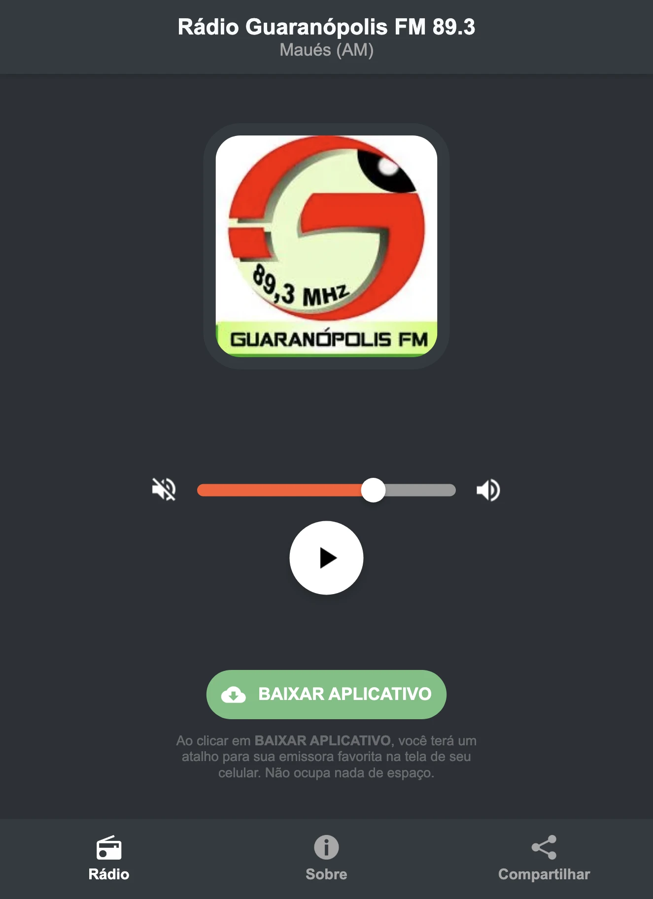 Screenshot do aplicativo da Rádio Guaranópolis FM 89.3