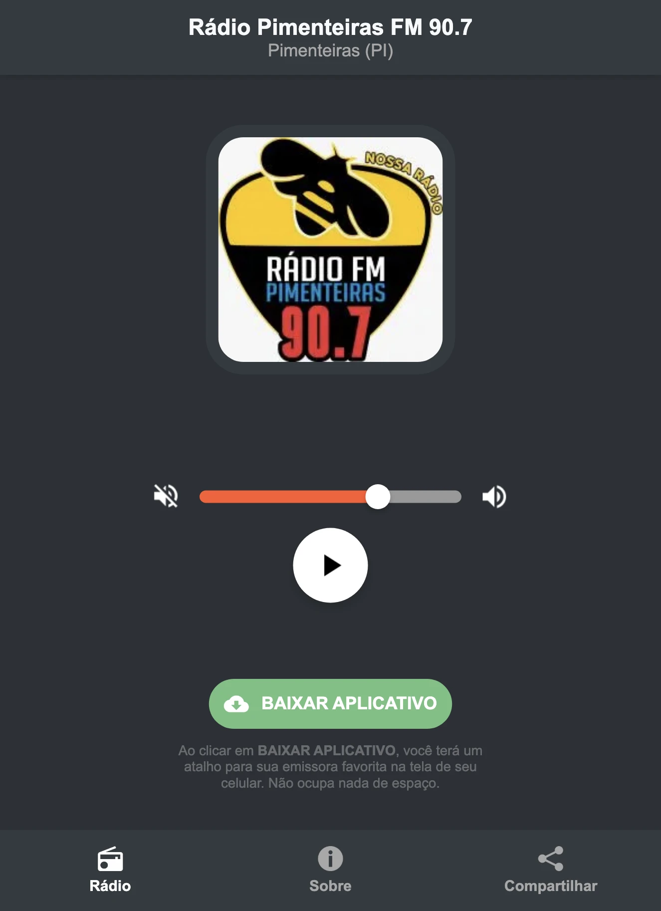 Screenshot do aplicativo da Rádio Pimenteiras FM 90.7