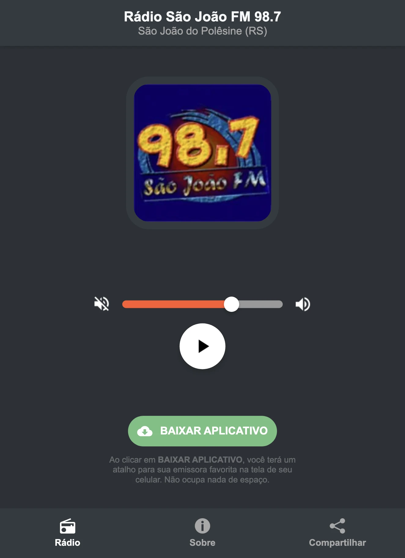 Screenshot do aplicativo da Rádio São João FM 98.7