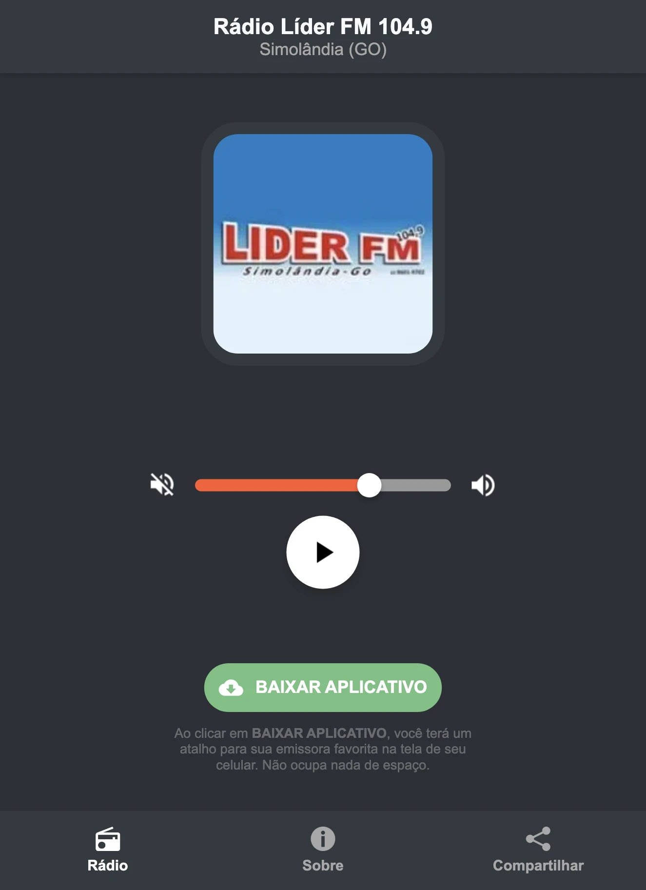 Screenshot do aplicativo da Rádio Líder FM 104.9
