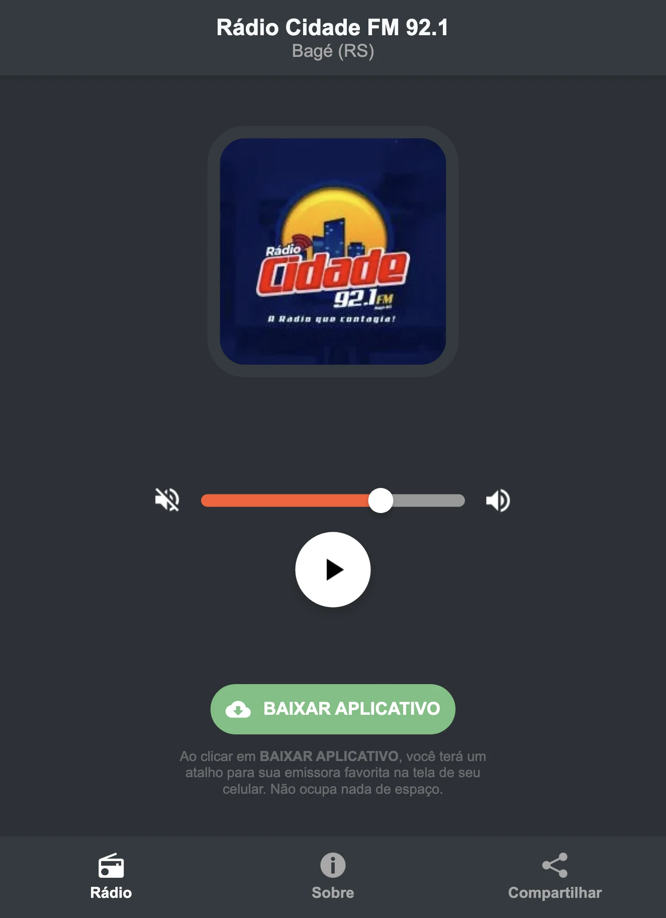 Screenshot do aplicativo da Rádio Cidade FM 92.1
