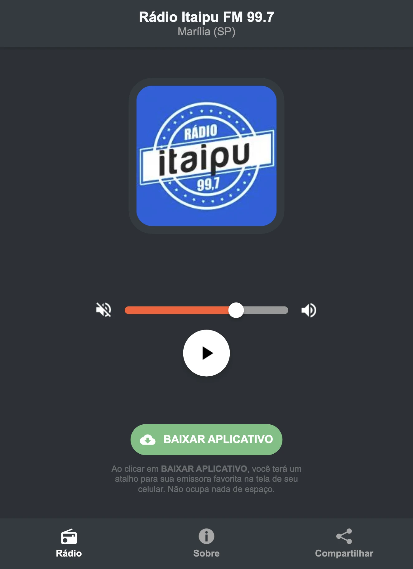 Screenshot do aplicativo da Rádio Itaipu FM 99.7