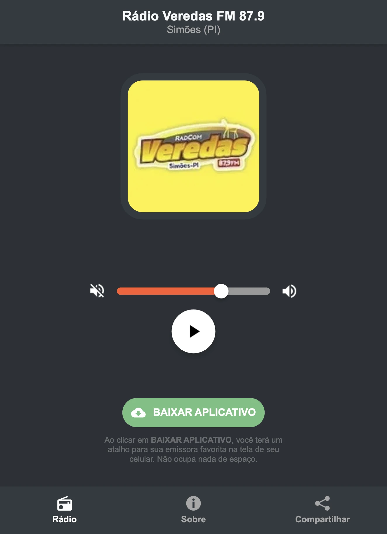 Screenshot do aplicativo da Rádio Veredas FM 87.9