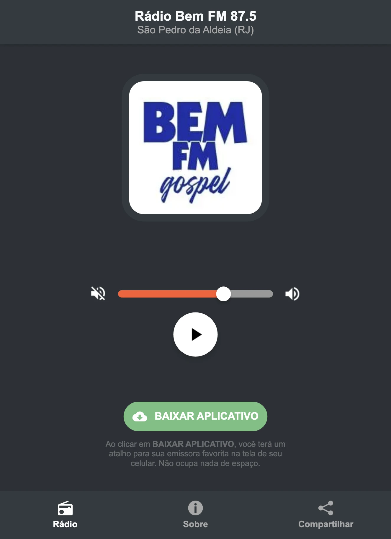 Screenshot do aplicativo da Rádio Bem FM 87.5