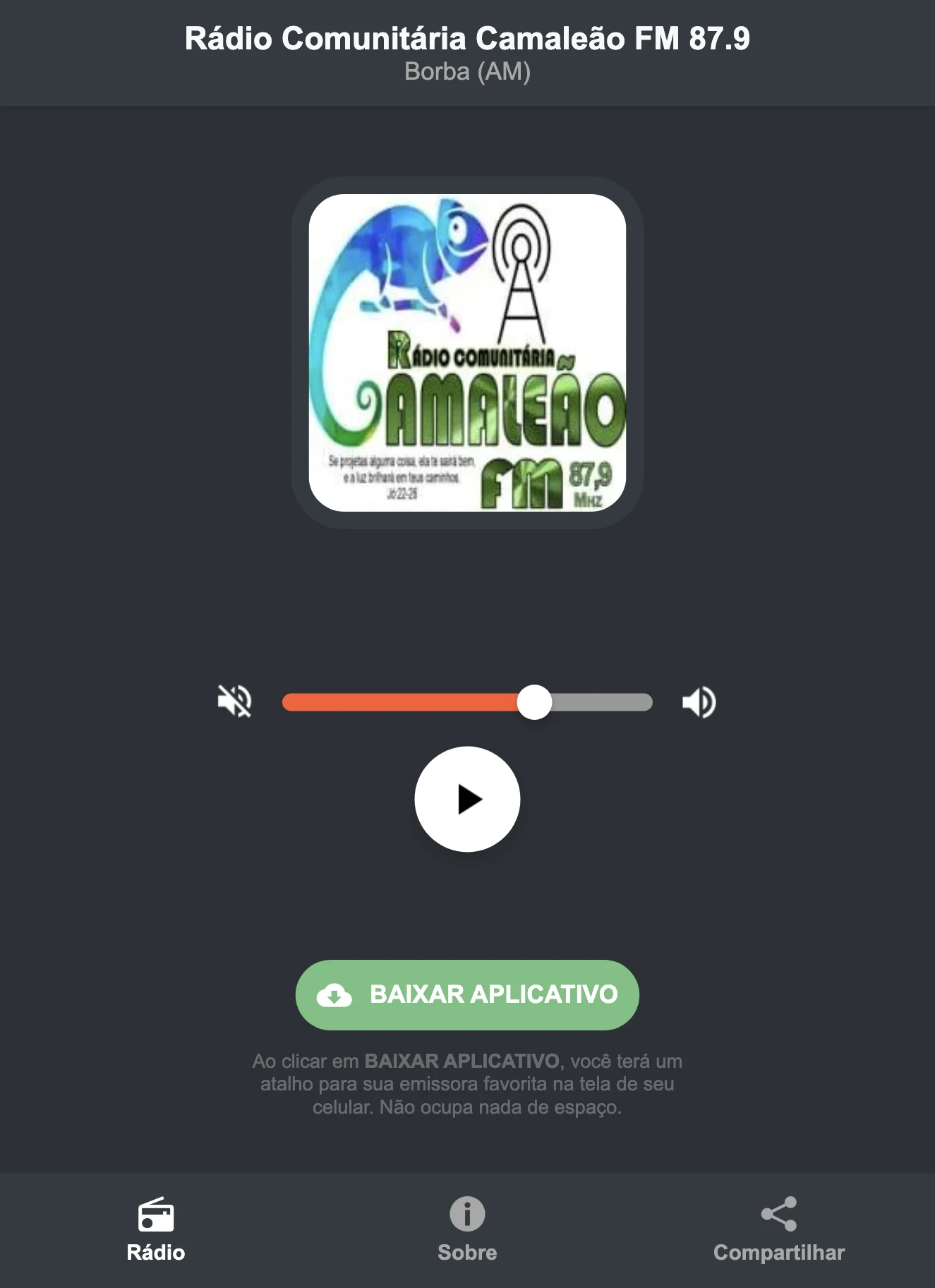 Screenshot do aplicativo da Rádio Comunitária Camaleão FM 87.9