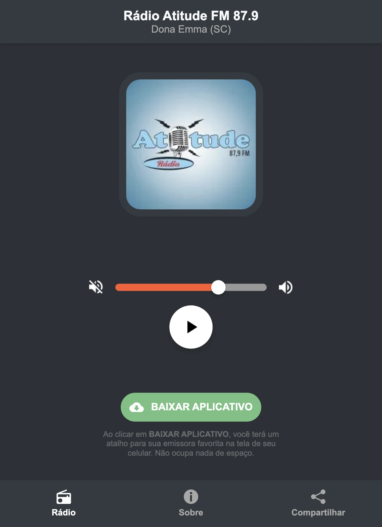 Screenshot do aplicativo da Rádio Atitude FM 87.9