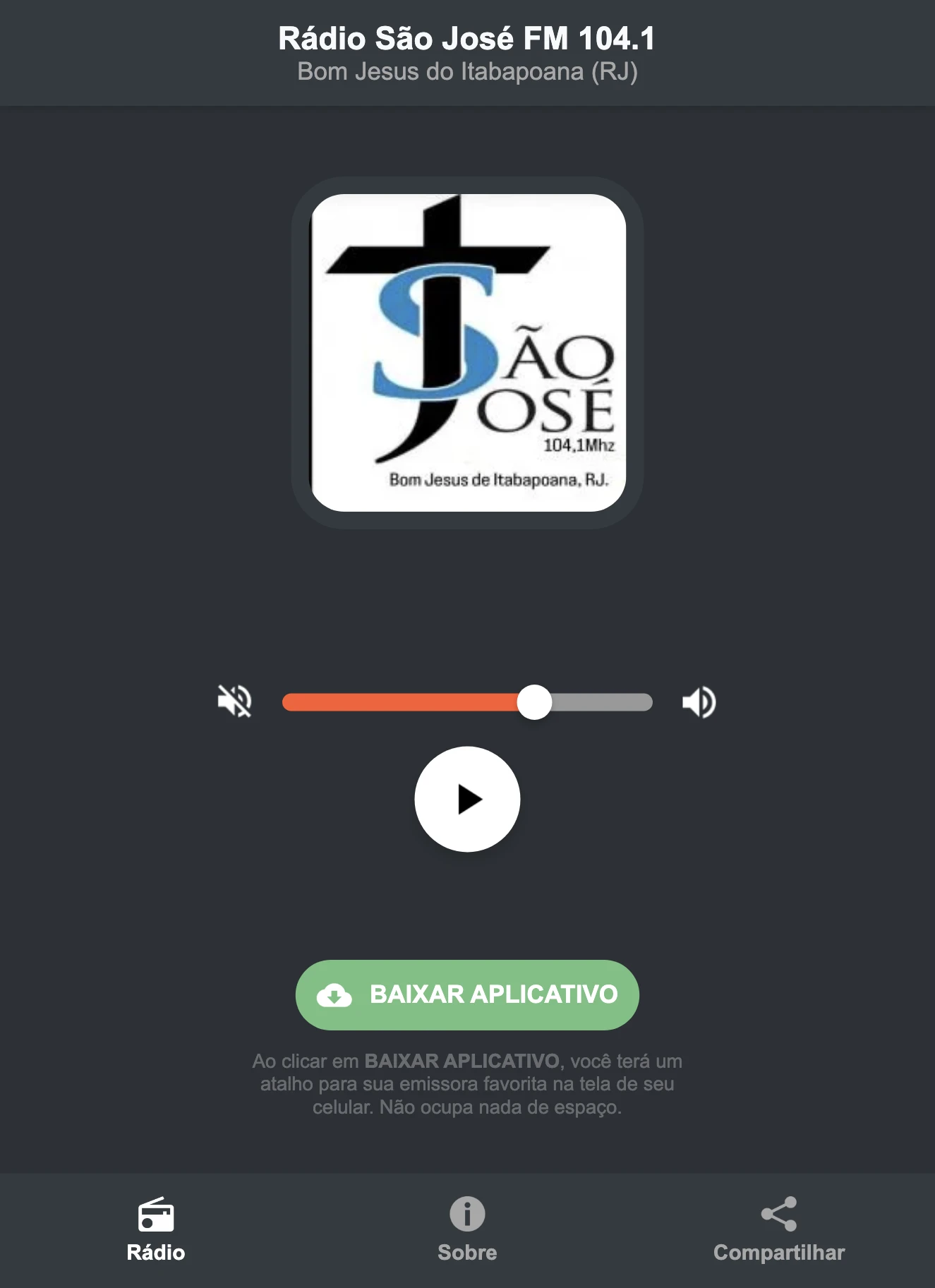 Screenshot do aplicativo da Rádio São José FM 104.1