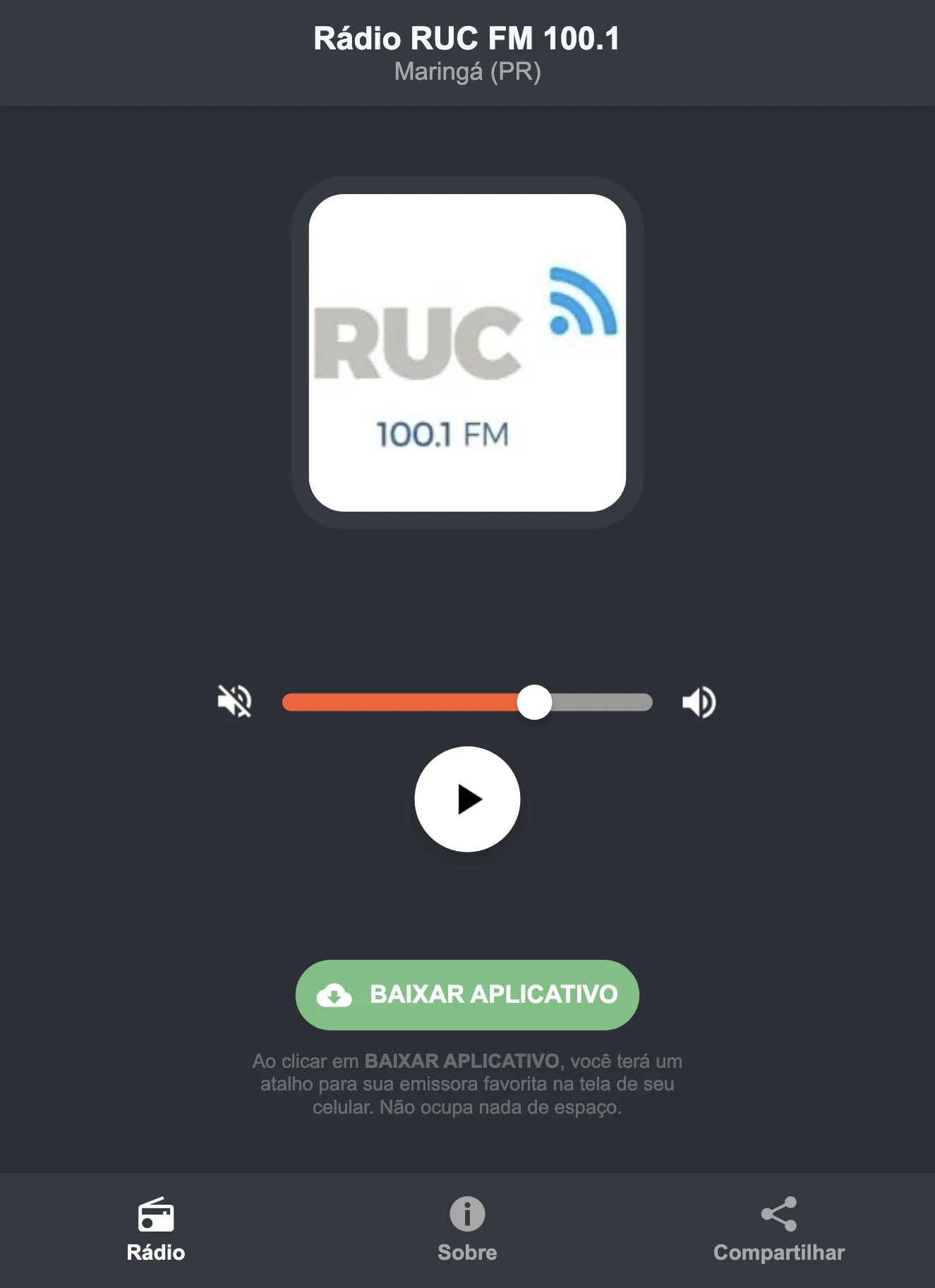 Screenshot do aplicativo da Rádio RUC FM 100.1