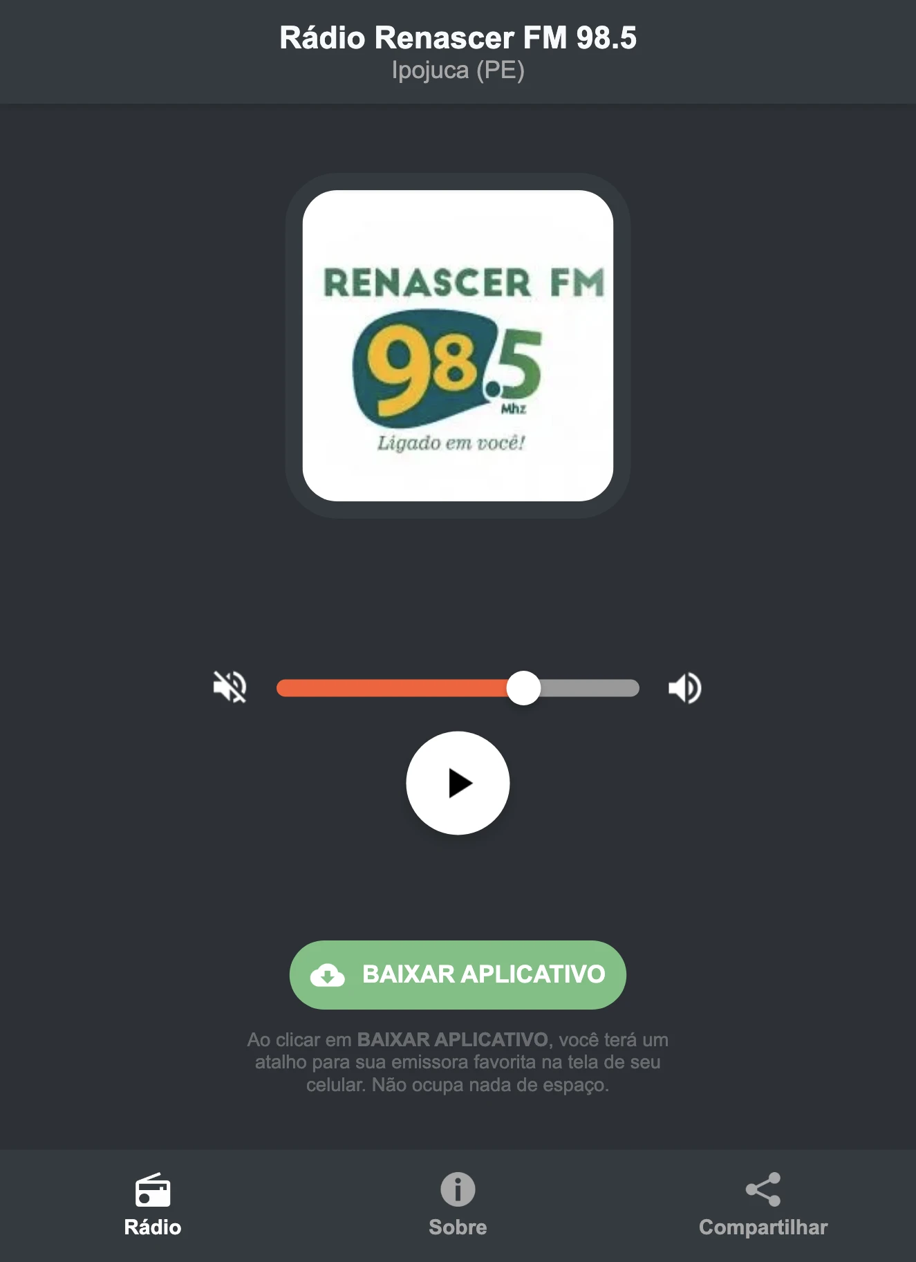 Screenshot do aplicativo da Rádio Renascer FM 98.5