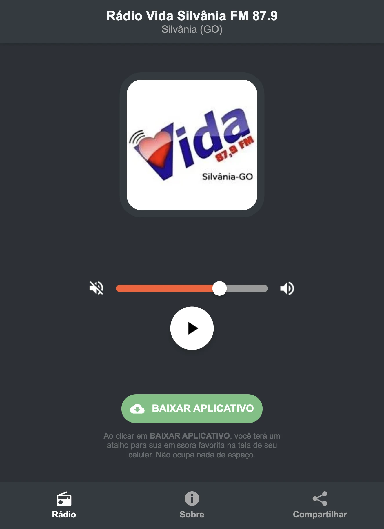 Screenshot do aplicativo da Rádio Vida Silvânia FM 87.9