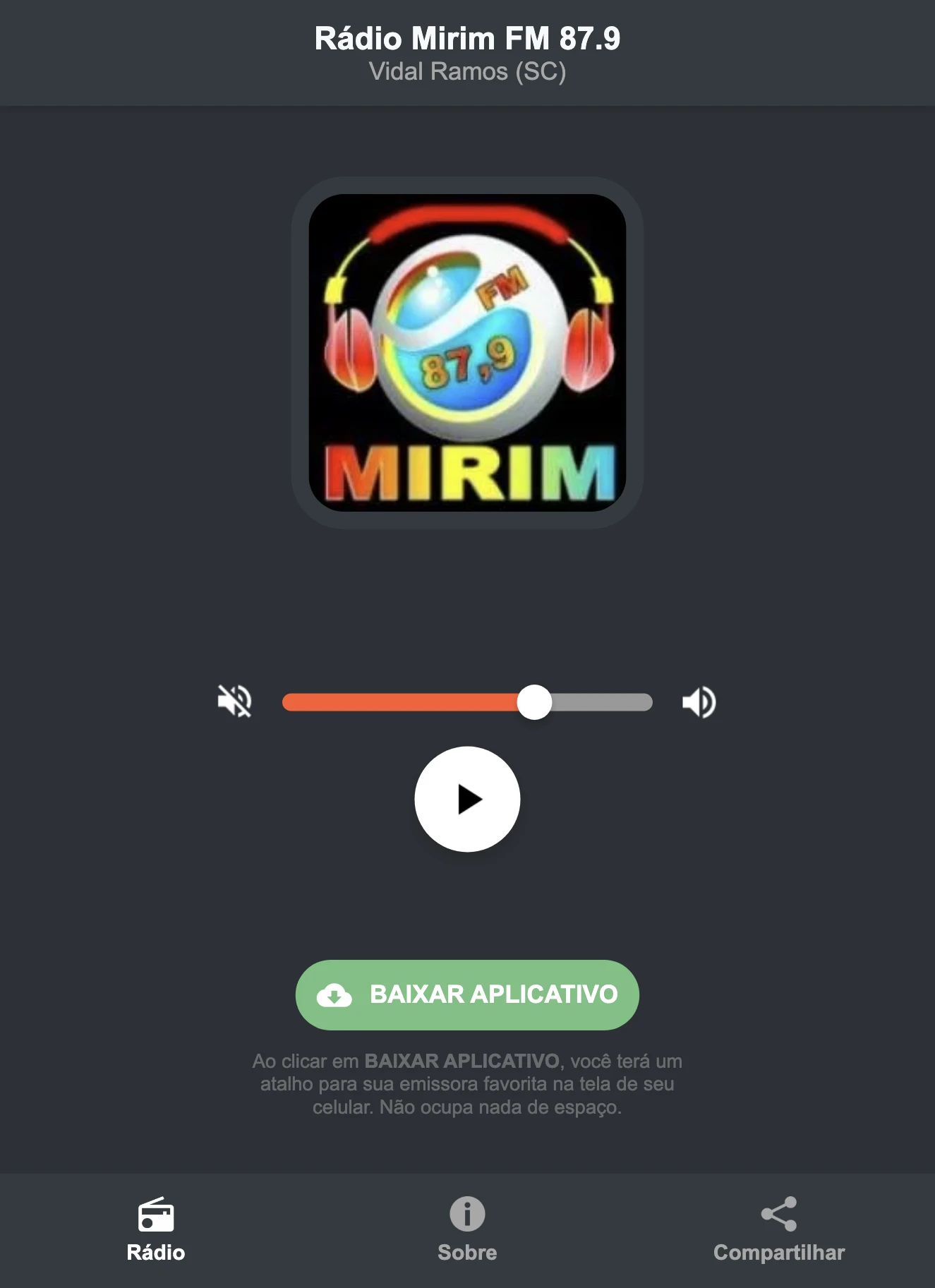 Screenshot do aplicativo da Rádio Mirim FM 87.9